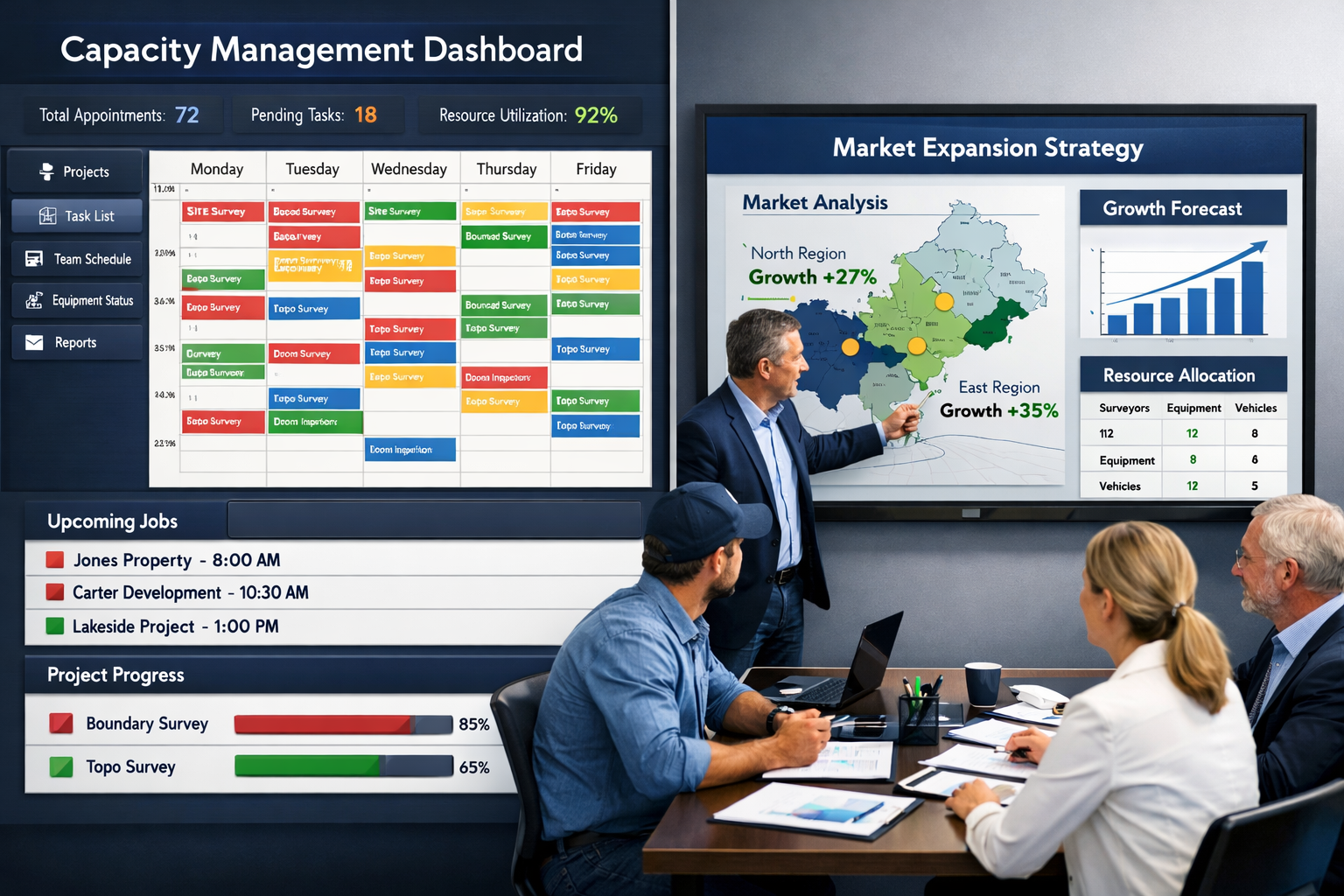 () strategic business planning visualization showing capacity management dashboard for surveying firm. Split-screen