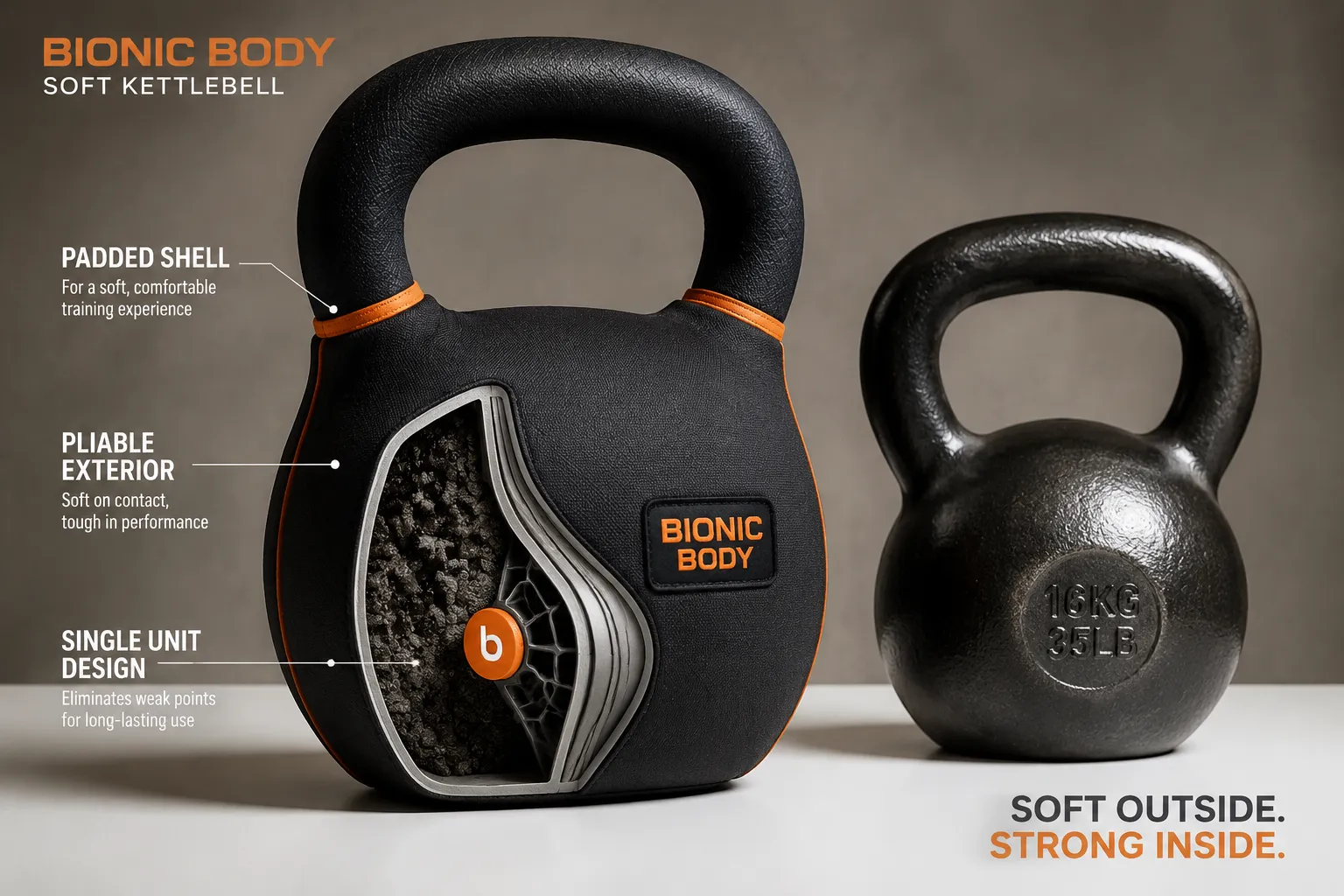 Bionic Body Soft Kettlebell Bright studio product photography showcasing a Bionic Body Soft Kettlebell with its padded, pliable shell in sharp focus on a clean white surface, with a traditional rigid iron kettlebell positioned beside it for contrast. The soft kettlebell's forgiving exterior is highlighted with soft directional lighting that emphasizes the texture of the padded shell material. A cross-section cutaway illustration overlaid on one side reveals the internal construction and functional training weight distribution. Clean sans-serif labels point to key features: 'padded shell,' 'pliable exterior,' and 'single unit design.' The composition uses a warm gray backdrop with studio lighting creating subtle shadows that add depth. Magazine-quality product photography with crisp detail on the comfortable handle and soft outer material, shot at a three-quarter angle to show dimensionality. Color palette of charcoal gray, safety orange accents, and clean whites creates an approachable fitness aesthetic.
What is a Bionic Body Soft Kettlebell?