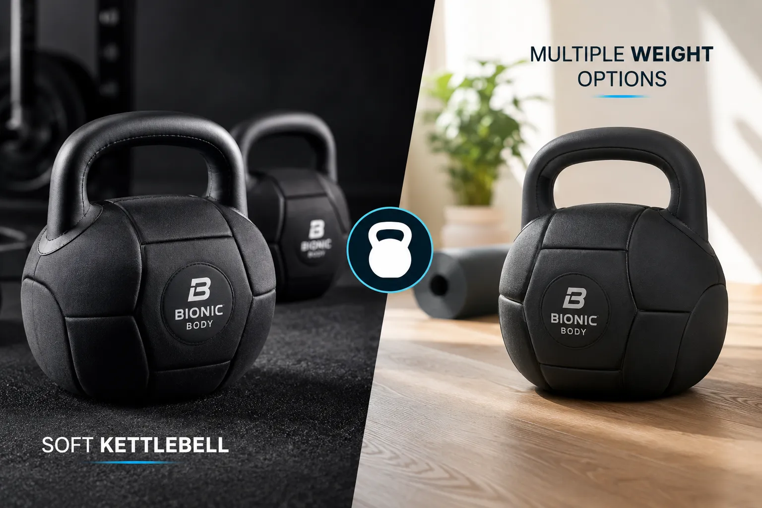 Bionic Body Soft Kettlebell Editorial landscape image (1536x1024) for the article section "Bionic Body Soft Kettlebell Weight Options and Price" about BIonic Body Soft Kettlebell (keyword: BIonic Body Soft Kettlebell). Use a split-screen or symbolic composition — for example two contrasting product hero shots side-by-side, conceptual icons, or environmental photography that captures the section's theme. Do NOT render any pricing table, comparison table, feature matrix, checkmark grid, star-rating row, dollar amounts, or any grid of tabular text — image models cannot render legible tables and the output looks broken. Keep any text to at most a short 1–3 word label with generous safe margins from every edge; every letter must be sharp and fully visible. Magazine-quality lighting, modern color palette, high contrast.
Bionic Body Soft Kettlebell Review