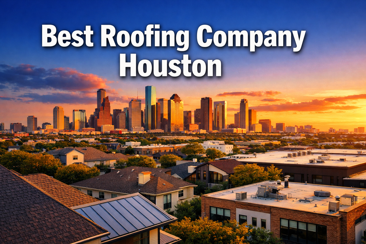Professional landscape hero image (1536x1024) featuring bold text overlay 'Best Roofing Company Houston' in extra large 72pt white sans-seri