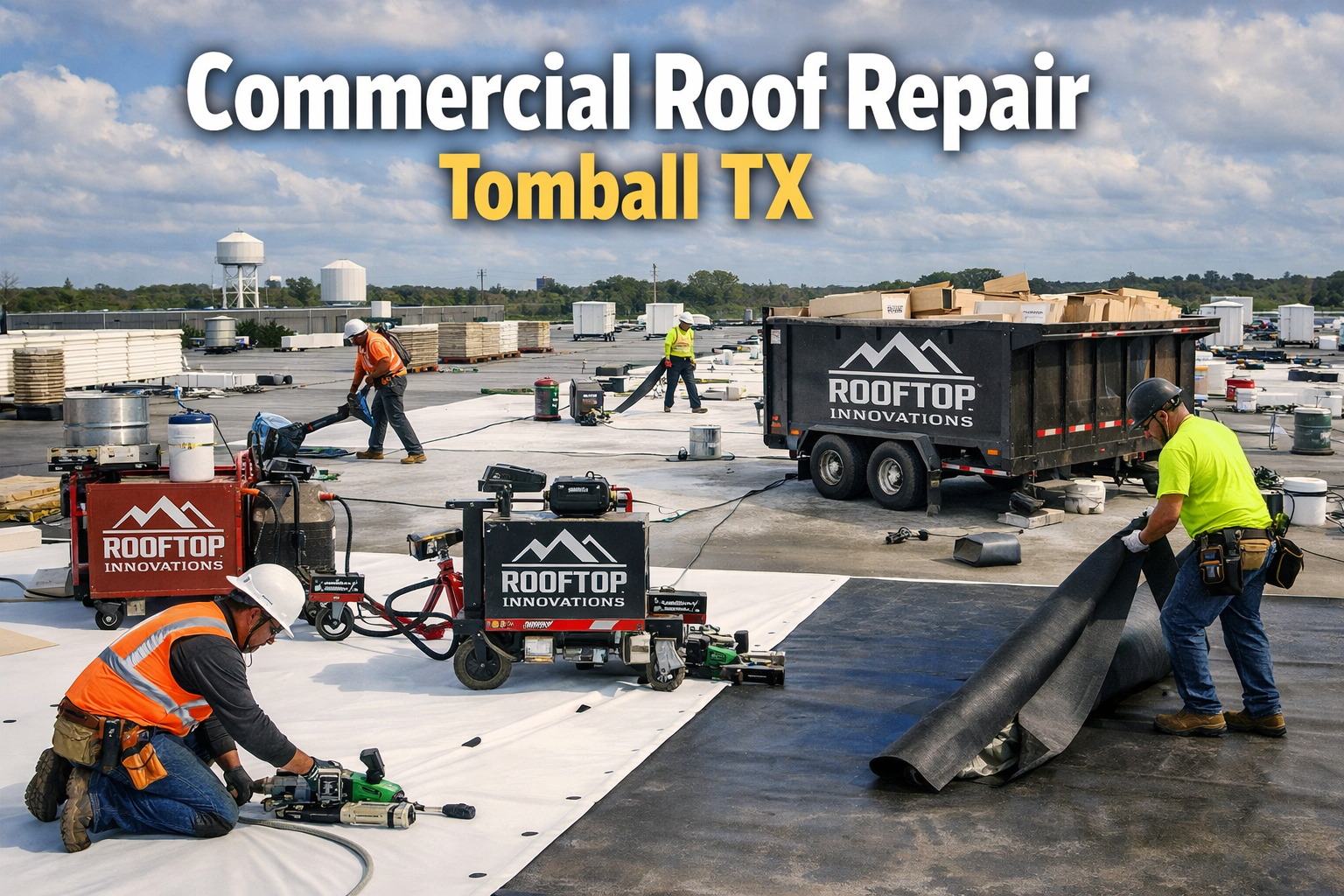 Professional landscape image (1536x1024) depicting commercial roof repair work on a large flat commercial building in Tomball. Roofing techn