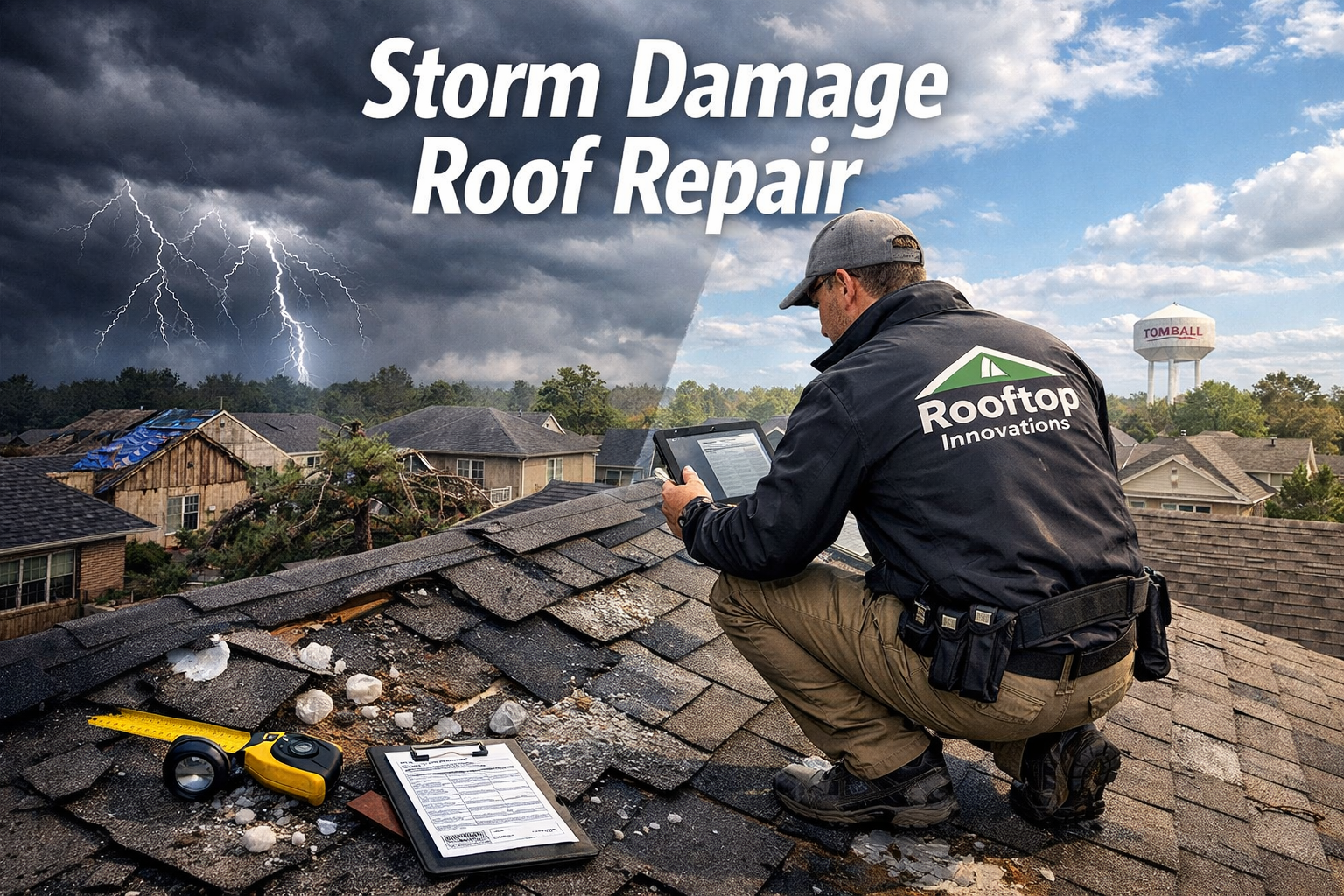 Dramatic landscape image (1536x1024) showing storm damage assessment on residential roofs in Tomball area. Professional inspector examining 