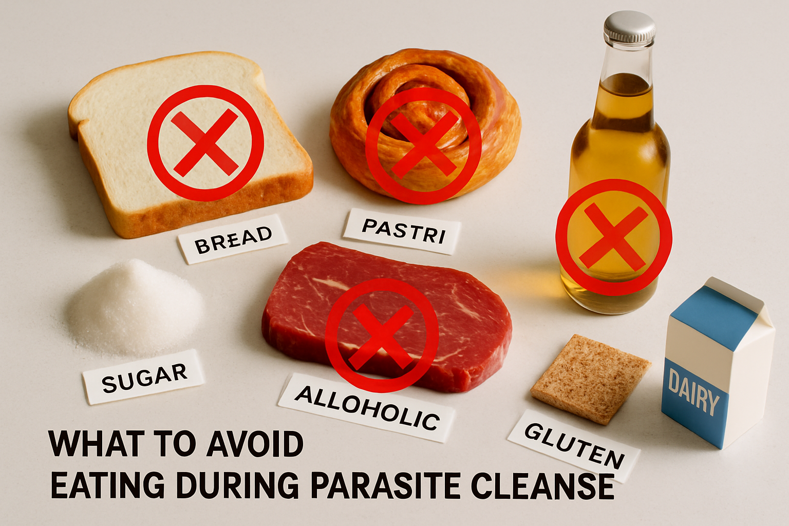 A vibrant, editorial-quality flat lay image (1536x1024) visually depicting foods to avoid during a parasite cleanse. The image should featur