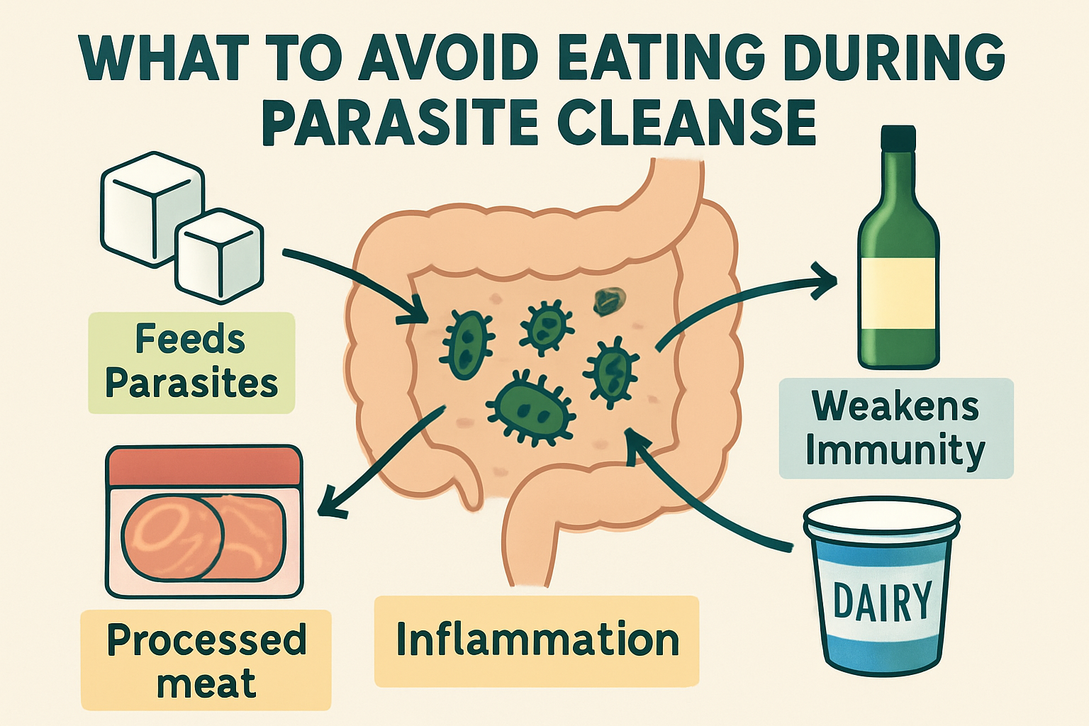 An infographic-style image (1536x1024) illustrating the 'why' behind avoiding certain foods during a parasite cleanse. It features a simplif