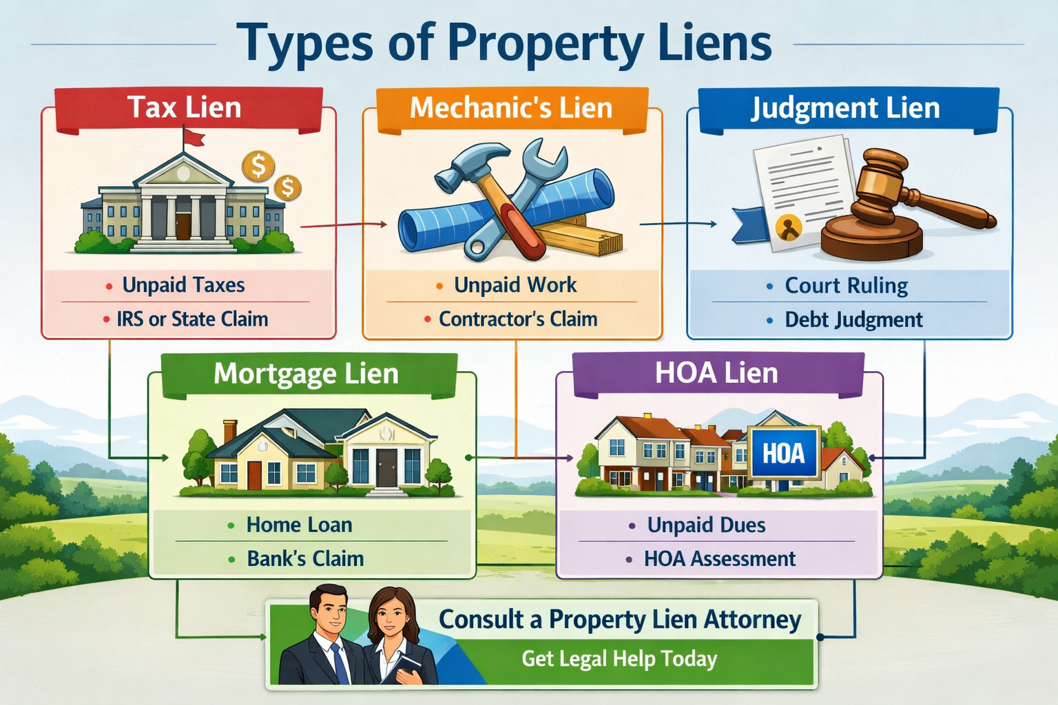 Detailed landscape infographic (1536x1024) illustrating different types of property liens with visual icons and explanations. Shows five dis