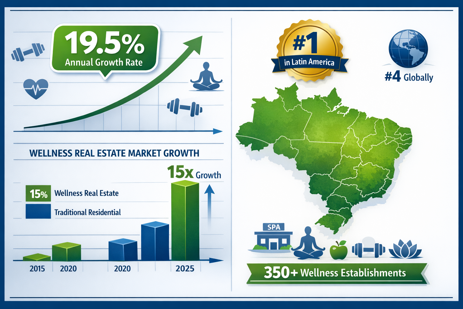 () detailed infographic showing wellness real estate market growth statistics with data visualization. Split composition:
