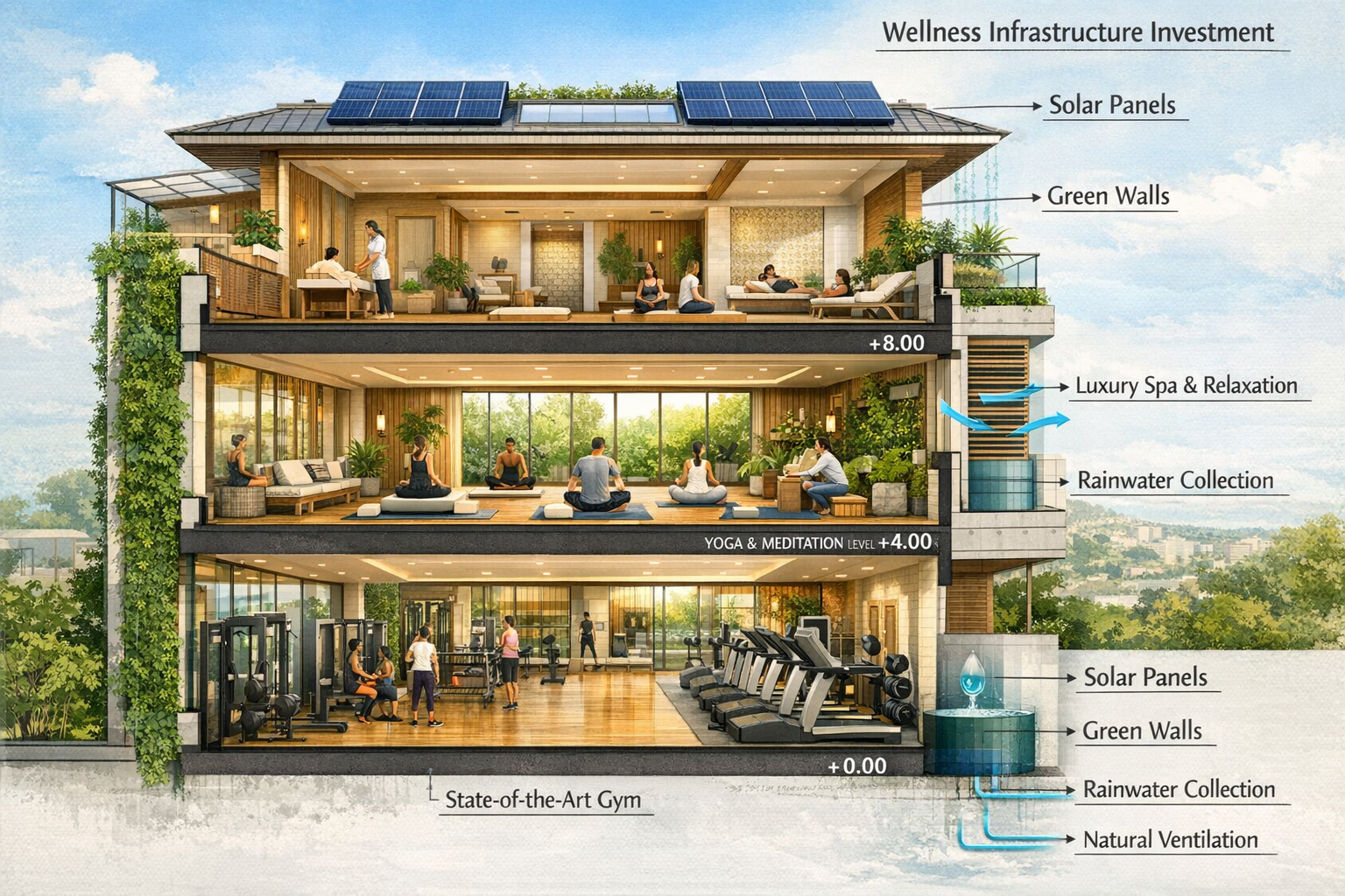 () architectural cross-section illustration of luxury Brazilian wellness-focused residential building showing multiple