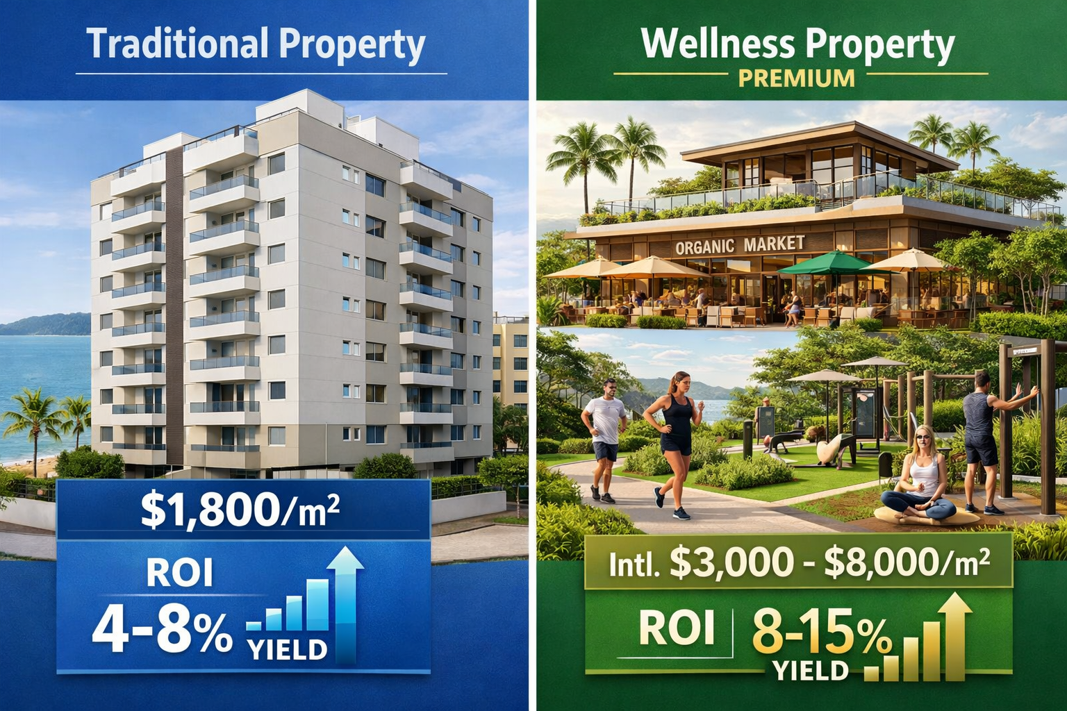 () comparative visual analysis showing two side-by-side property investment scenarios. Left panel: traditional Brazilian
