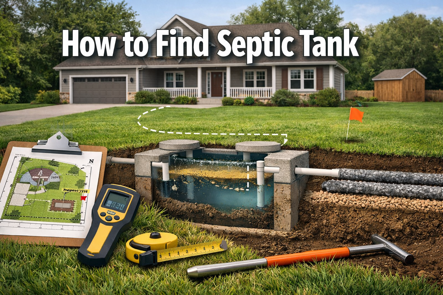 Professional landscape format (1536x1024) hero image with bold text overlay 'How to Find Septic Tank' in extra large 72pt white sans-serif f