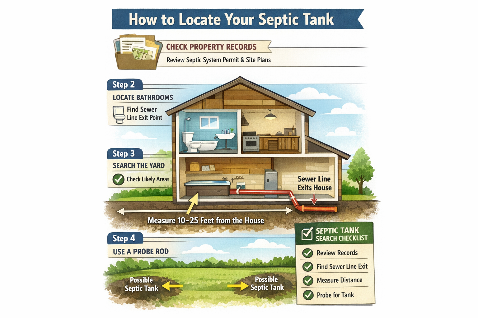 Portrait format (1024x1536) infographic showing step-by-step visual guide for locating septic tank using property records, house layout, and