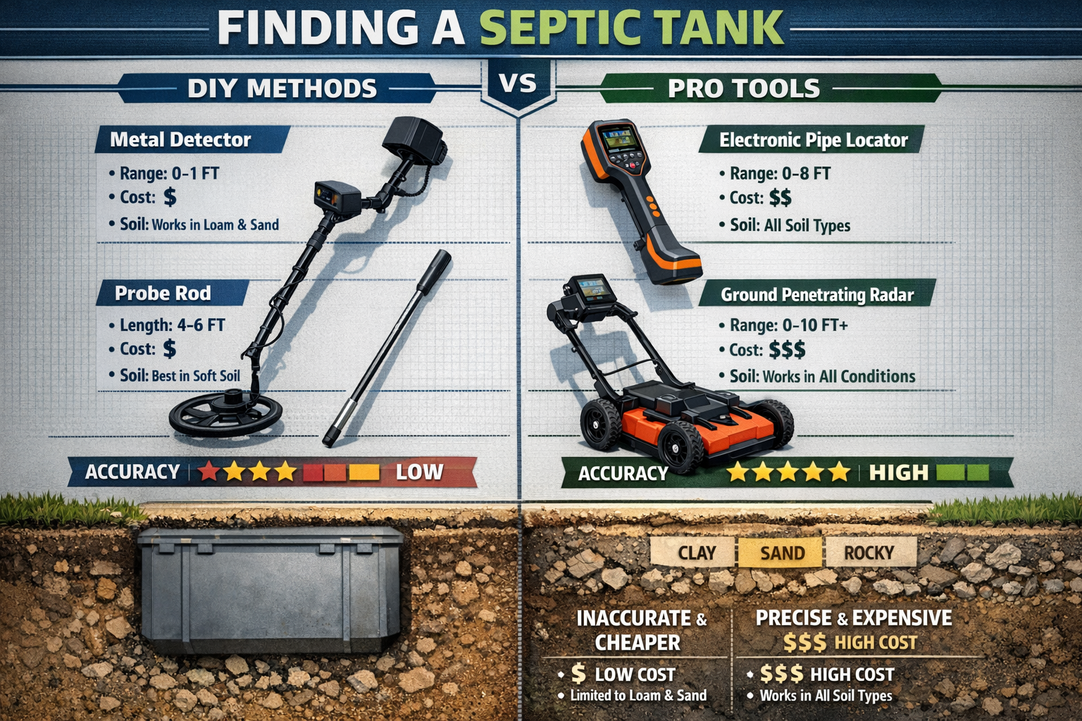 Portrait format (1024x1536) technical illustration showing various septic tank detection tools including metal detector, probe rod, electron
