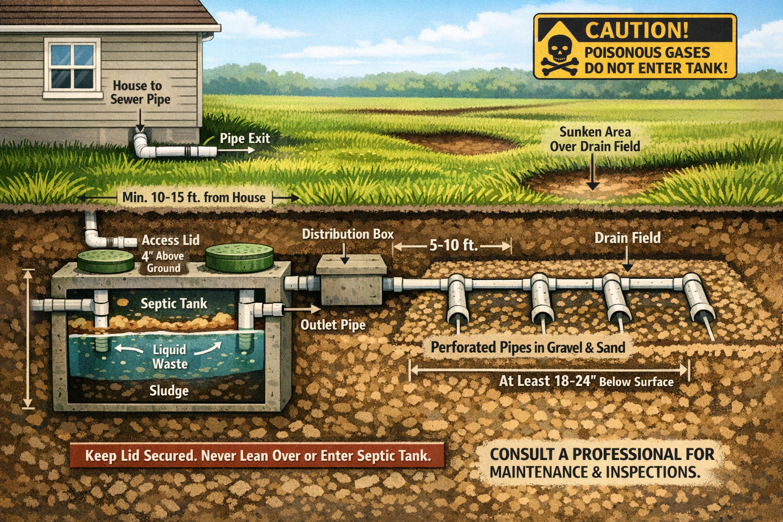 Portrait format (1024x1536) cross-section diagram of underground septic system showing tank location, distribution box, drain field pipes, a