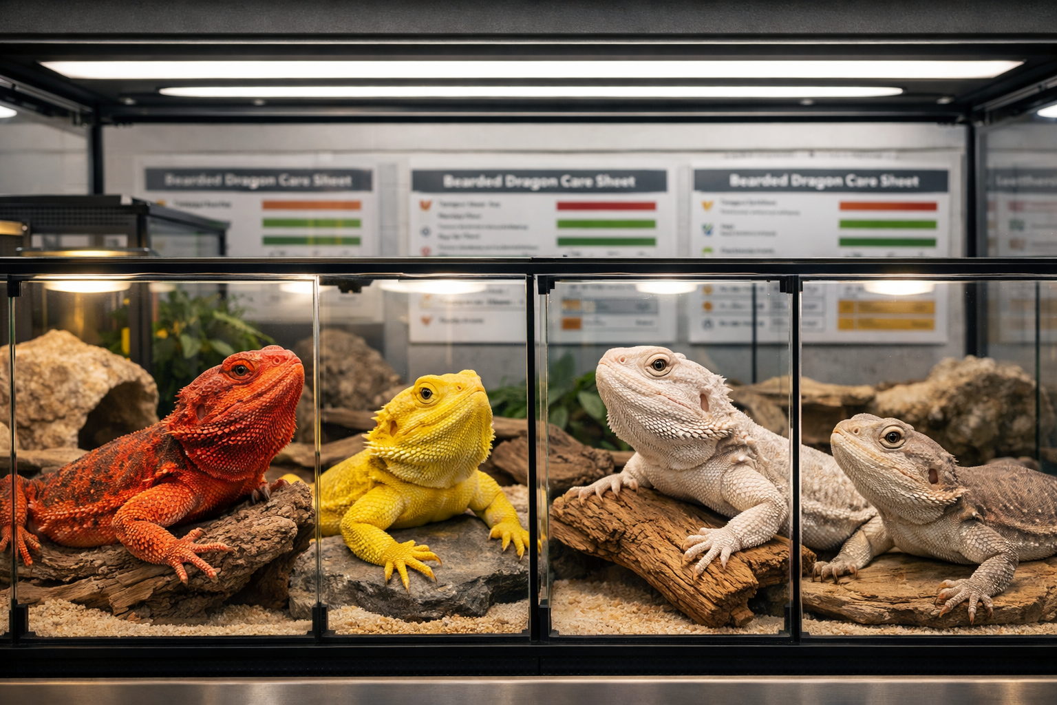 Close-up landscape image of diverse bearded dragon morphs including red, citrus, hypo, and leatherback varieties arranged in premium glass t