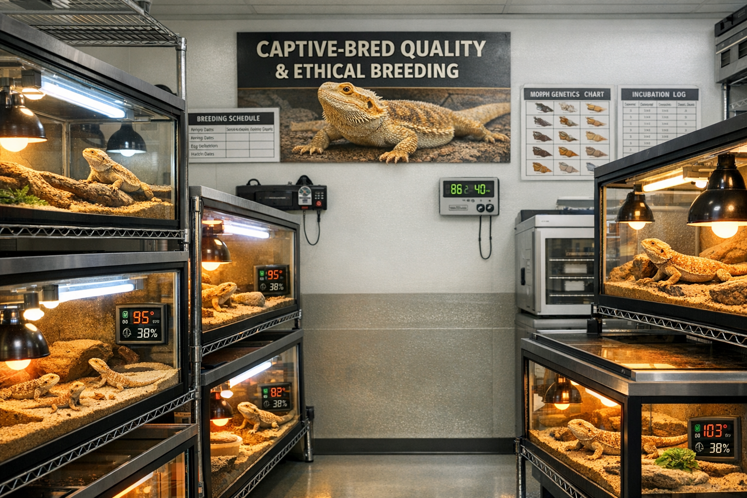 Professional bearded dragon breeding facility interior showing rows of clean, well-maintained enclosures with healthy dragons of different a