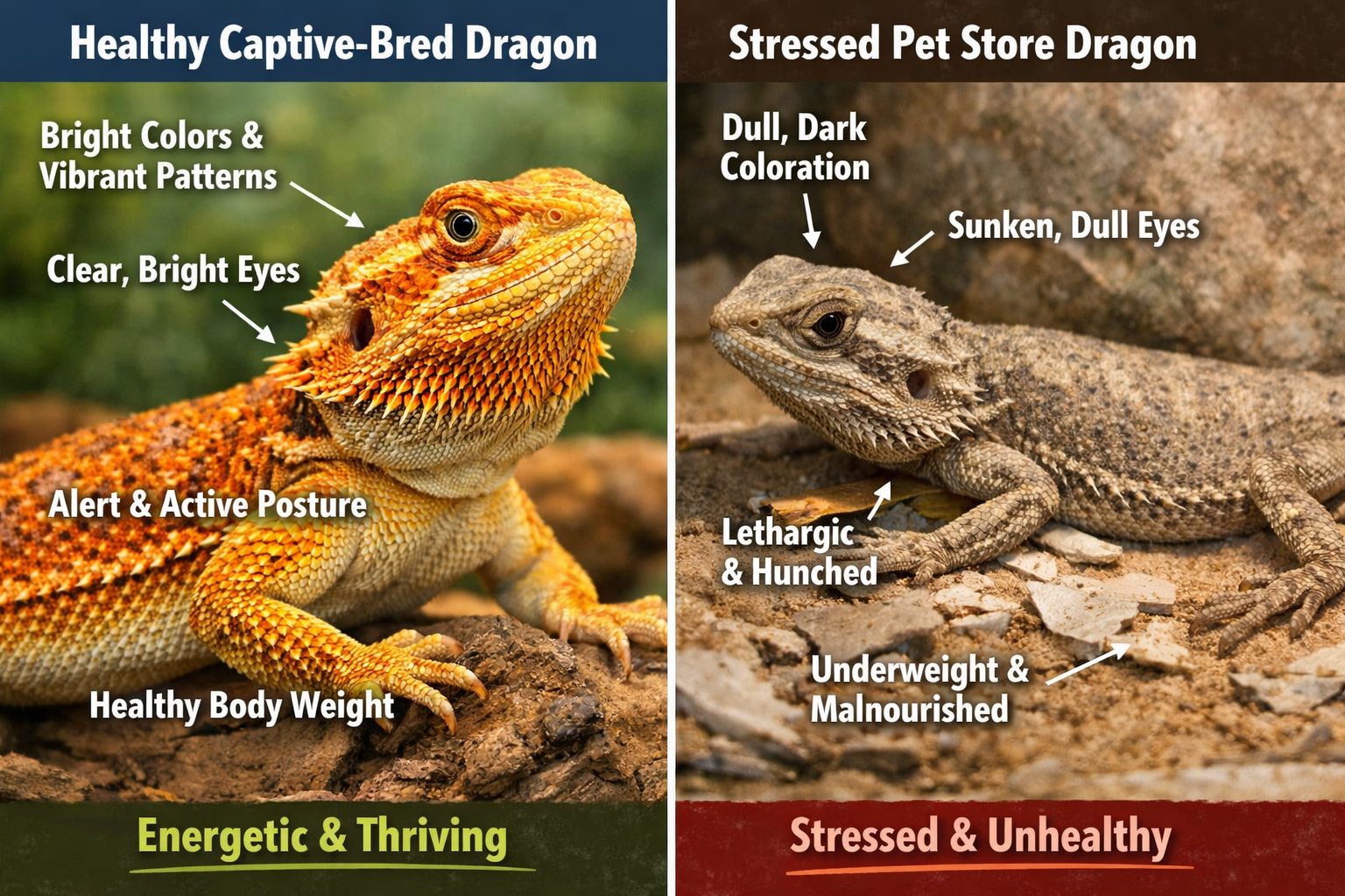 Split comparison image showing healthy captive-bred bearded dragon on left versus stressed pet store dragon on right, with visual indicators