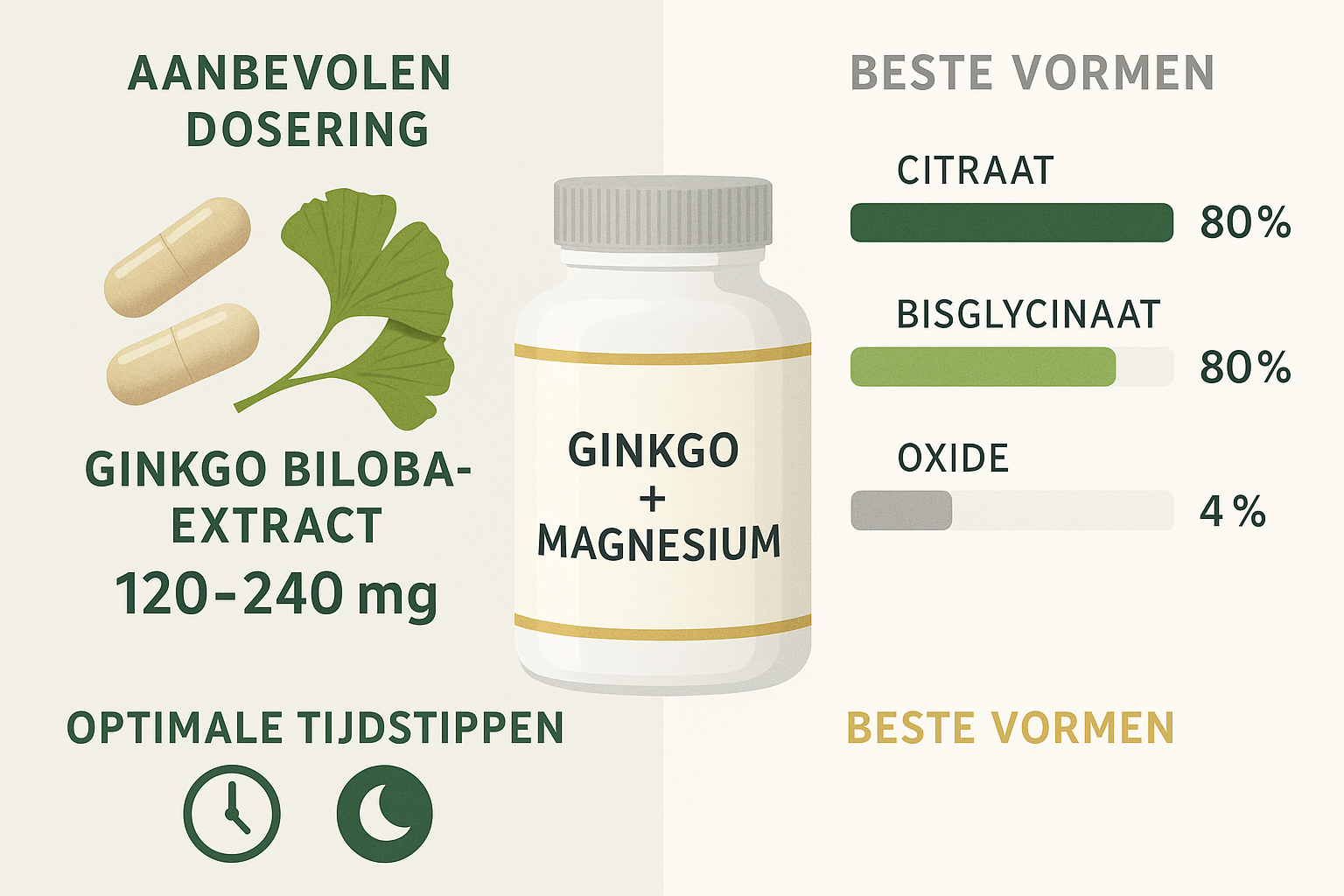 Educational comparison chart (1536x1024) displaying recommended daily dosages and best forms of ginkgo magnesium supplements. Split-screen l