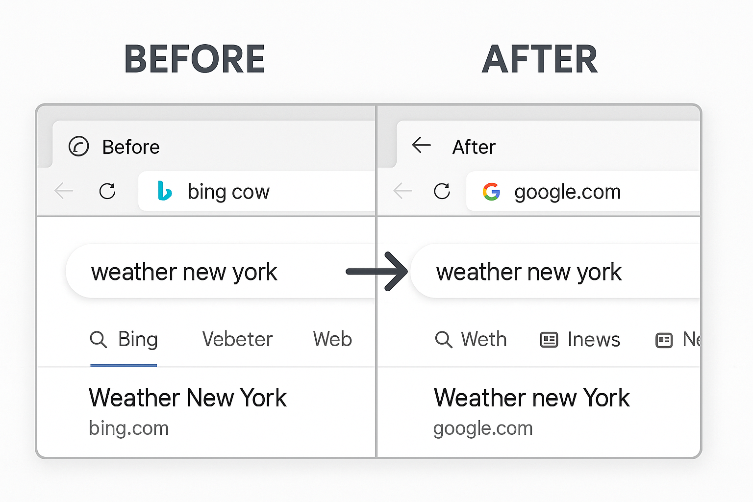 Split-screen comparison image showing before and after views of Edge browser address bar, left side showing Bing search results, right side 