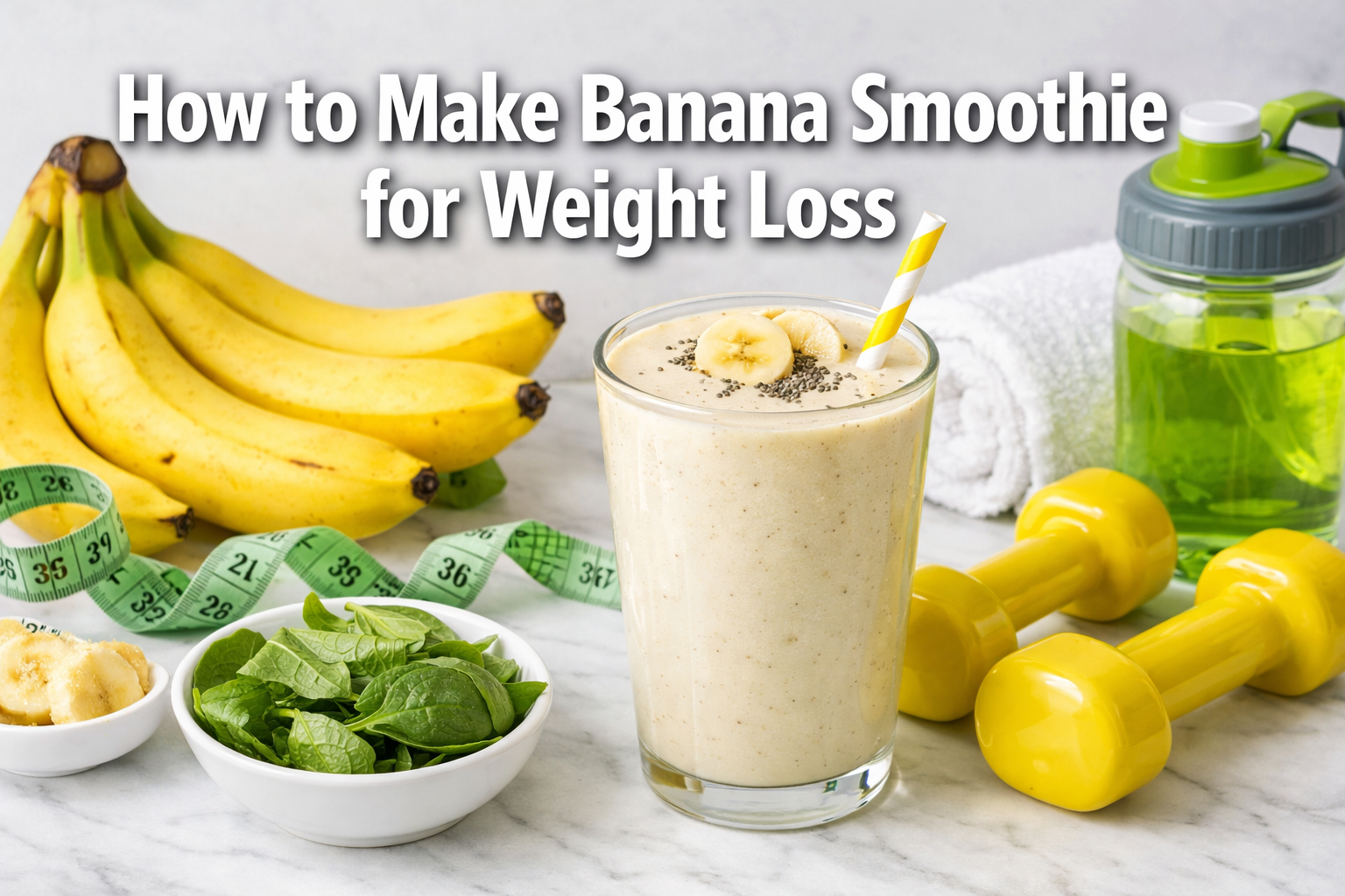 Professional landscape hero image (1536x1024) featuring bold text overlay 'How to Make Banana Smoothie for Weight Loss' in extra large 72pt 