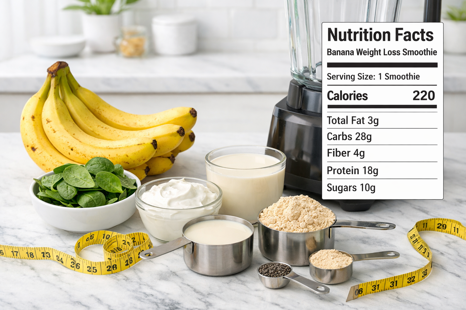 Detailed landscape image (1536x1024) showing step-by-step banana smoothie preparation for weight loss with ingredients laid out: ripe banana
