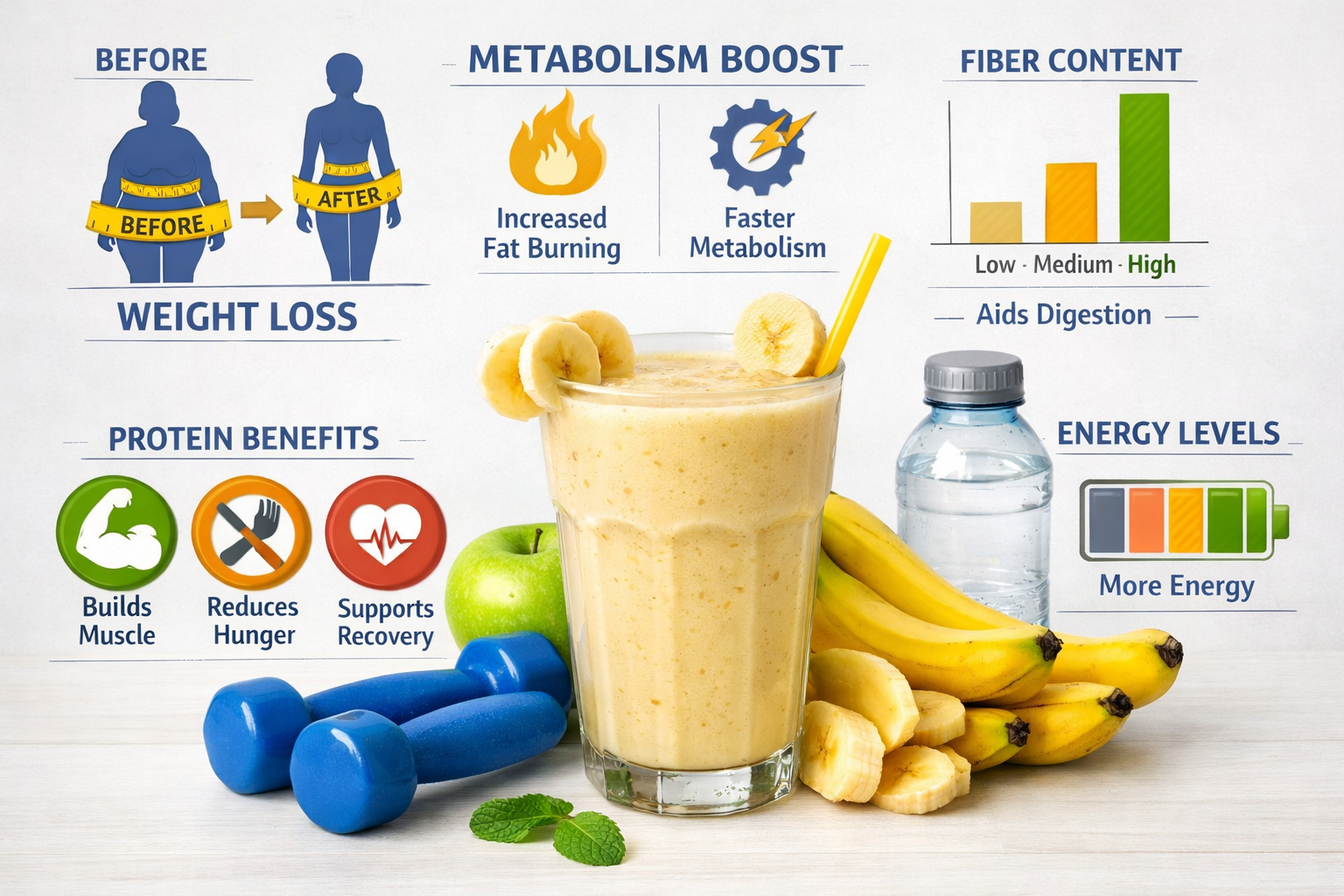 Professional landscape image (1536x1024) displaying weight loss benefits of banana smoothies through visual infographic elements: before/aft