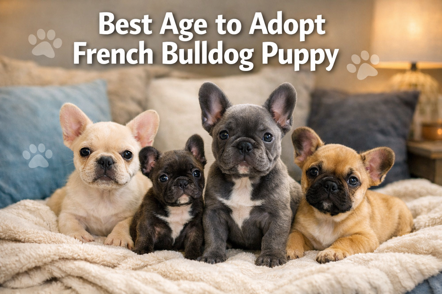 Professional landscape format (1536x1024) hero image featuring bold text overlay 'Best Age to Adopt French Bulldog Puppy' in extra large 72p