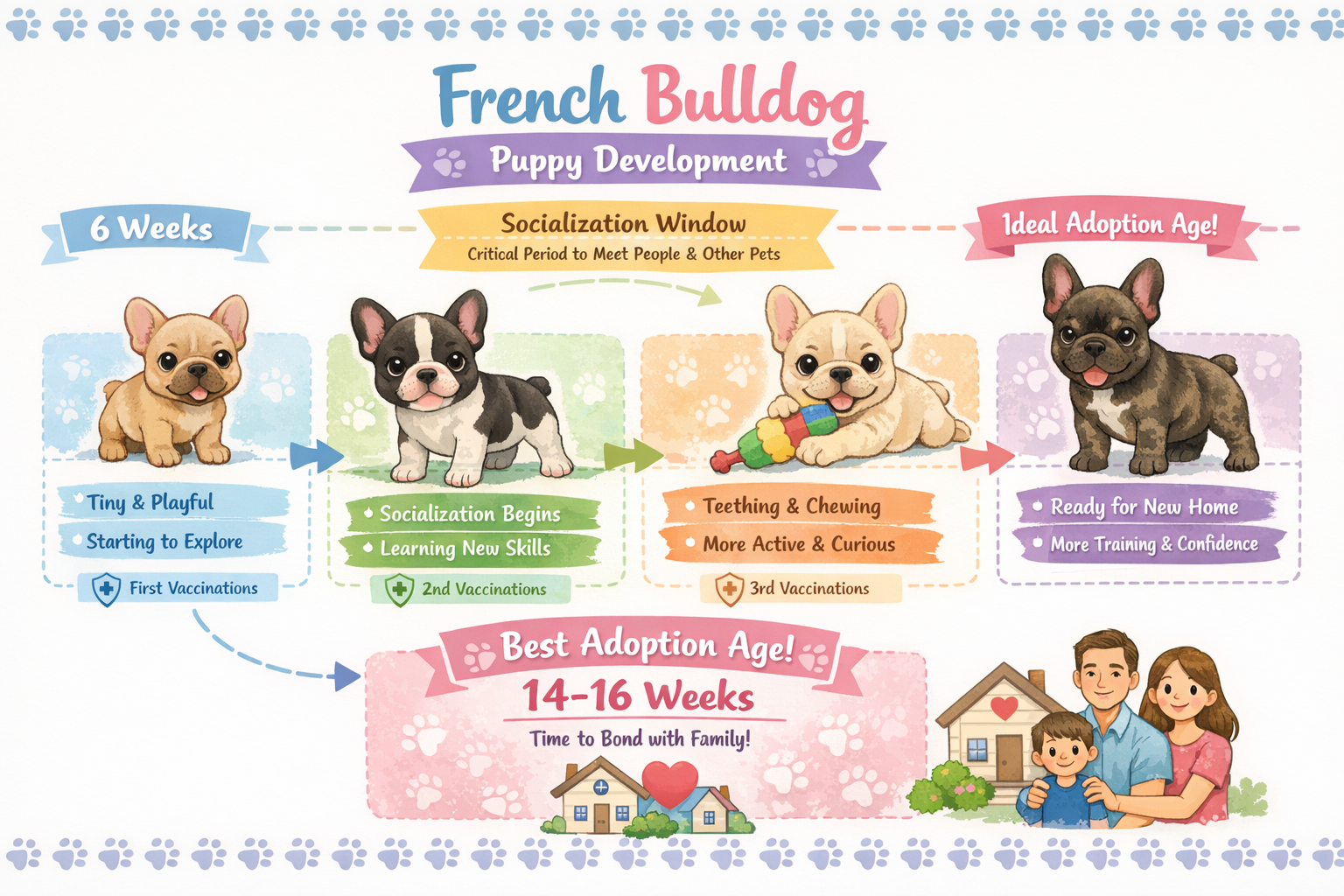 Portrait format (1024x1536) infographic showing French Bulldog puppy development timeline from 6-16 weeks with cute illustrations of Frenchi