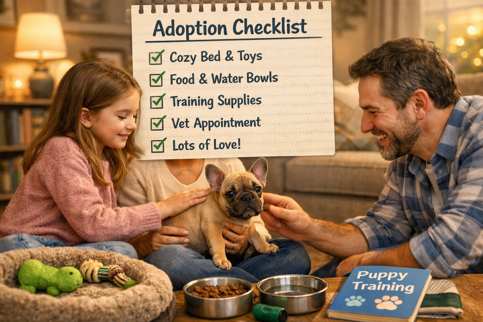 Portrait format (1024x1536) cozy home scene featuring new French Bulldog puppy (10-12 weeks old) being gently introduced to family members i