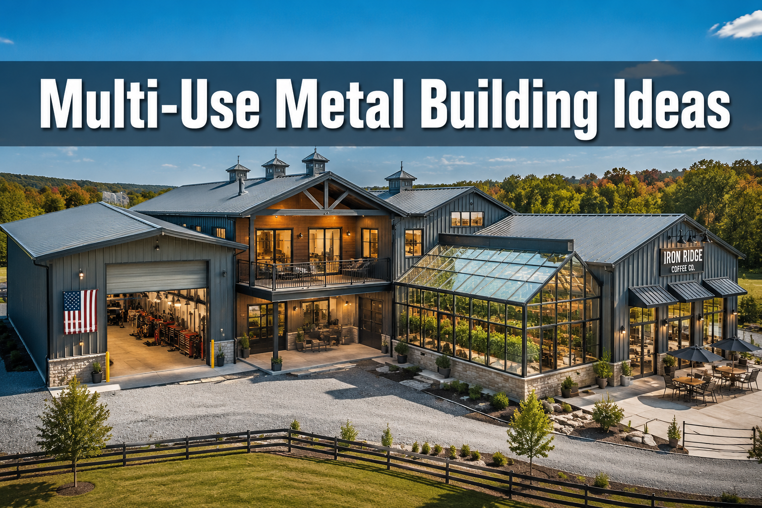 Professional () hero image with : 'Multi-Use Metal Building Ideas' in extra large white with dark drop , centered in upper