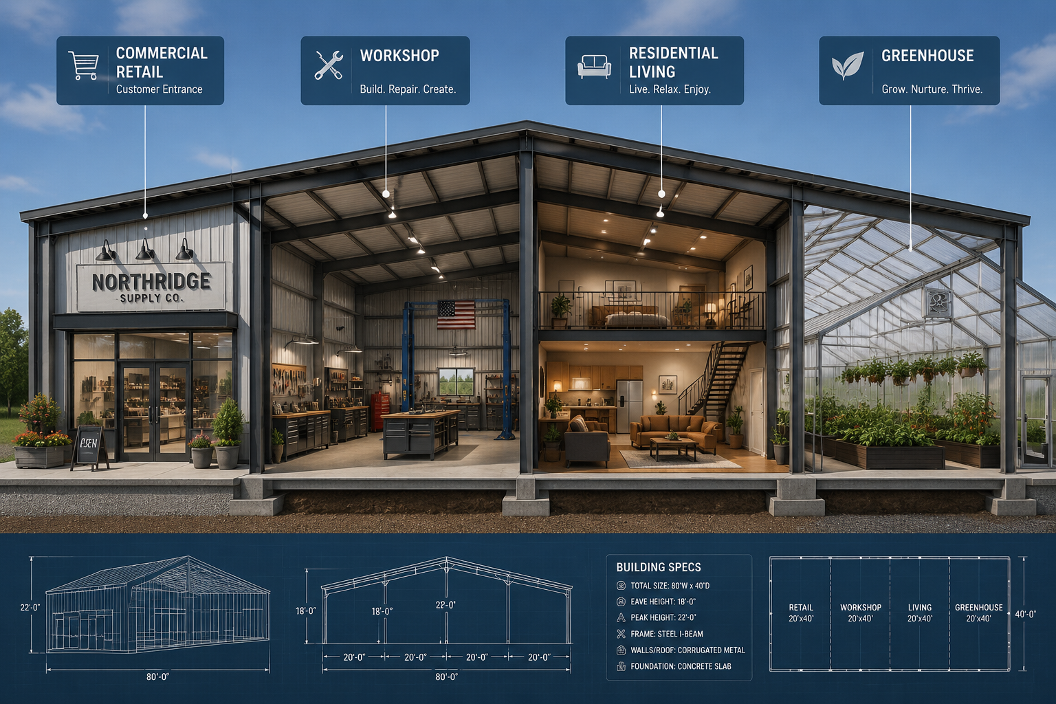 Detailed () editorial illustration showing a split-view cross-section of a multi-use metal building with four distinct