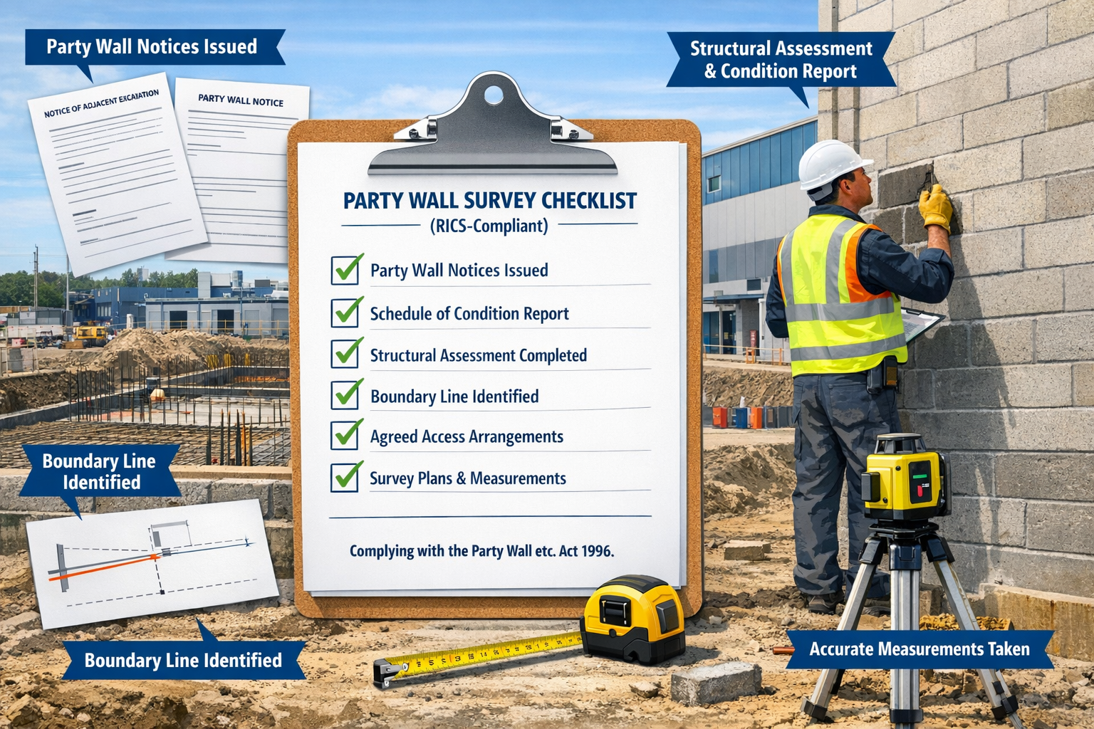 Detailed landscape format (1536x1024) image showing RICS-compliant party wall survey checklist document on clipboard with checkmarks, overla