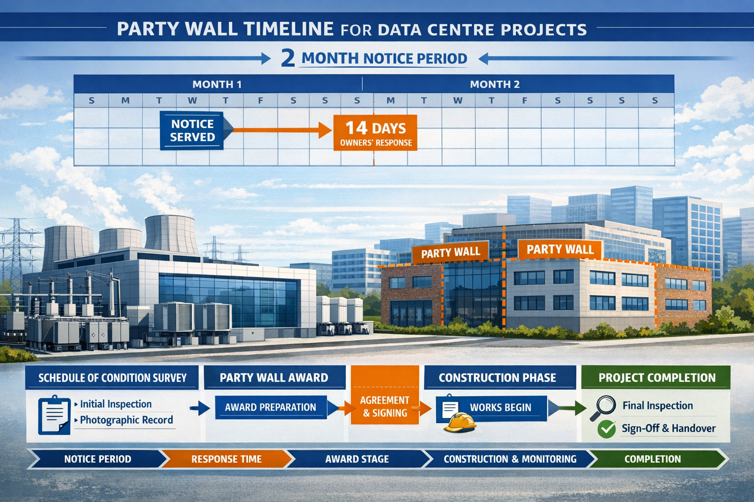 Detailed landscape format (1536x1024) image showing comprehensive party wall timeline infographic for data centre projects with critical mil