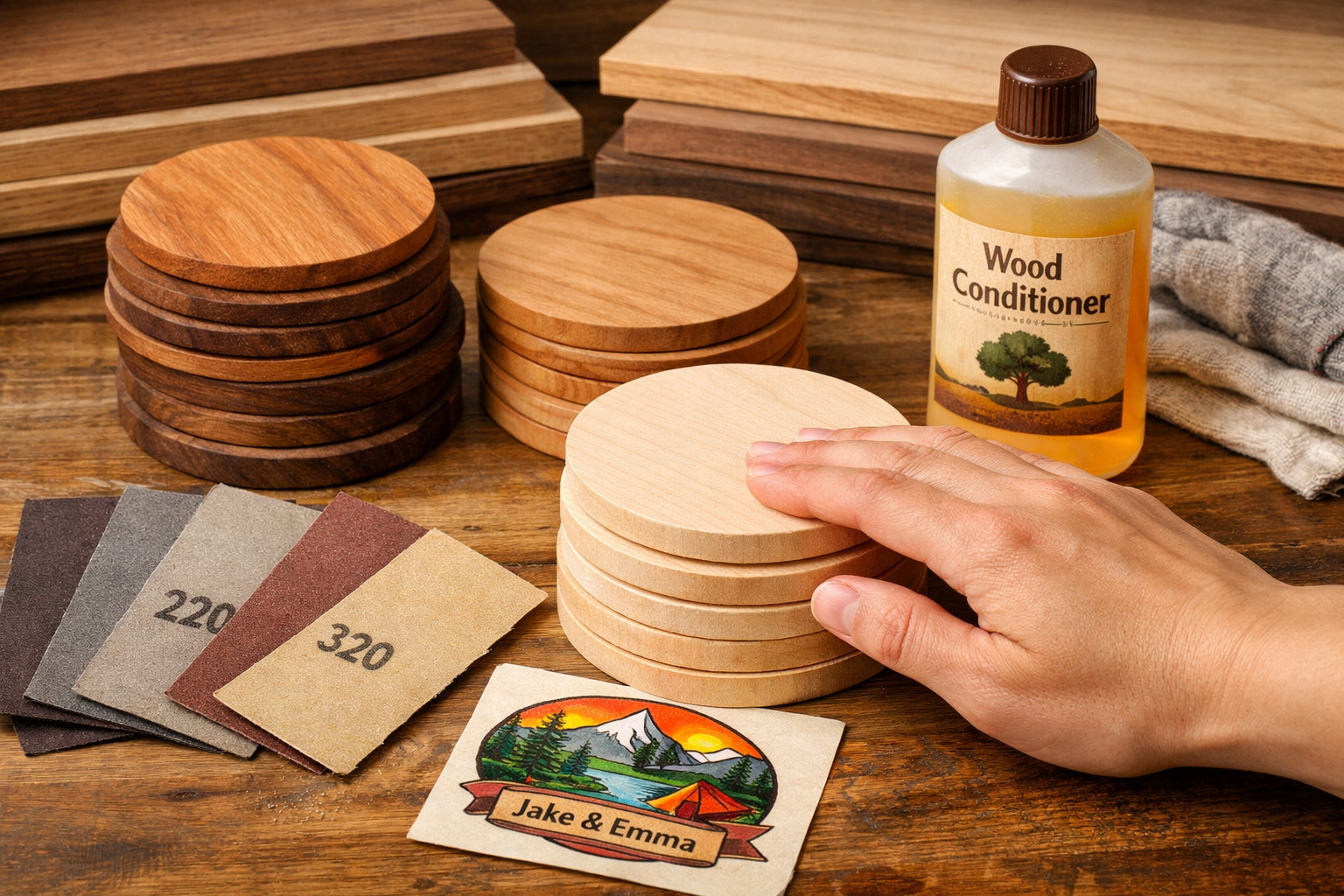 A dynamic landscape image (1536x1024) illustrating the initial steps of crafting engraved wooden coasters, featuring a selection of differen