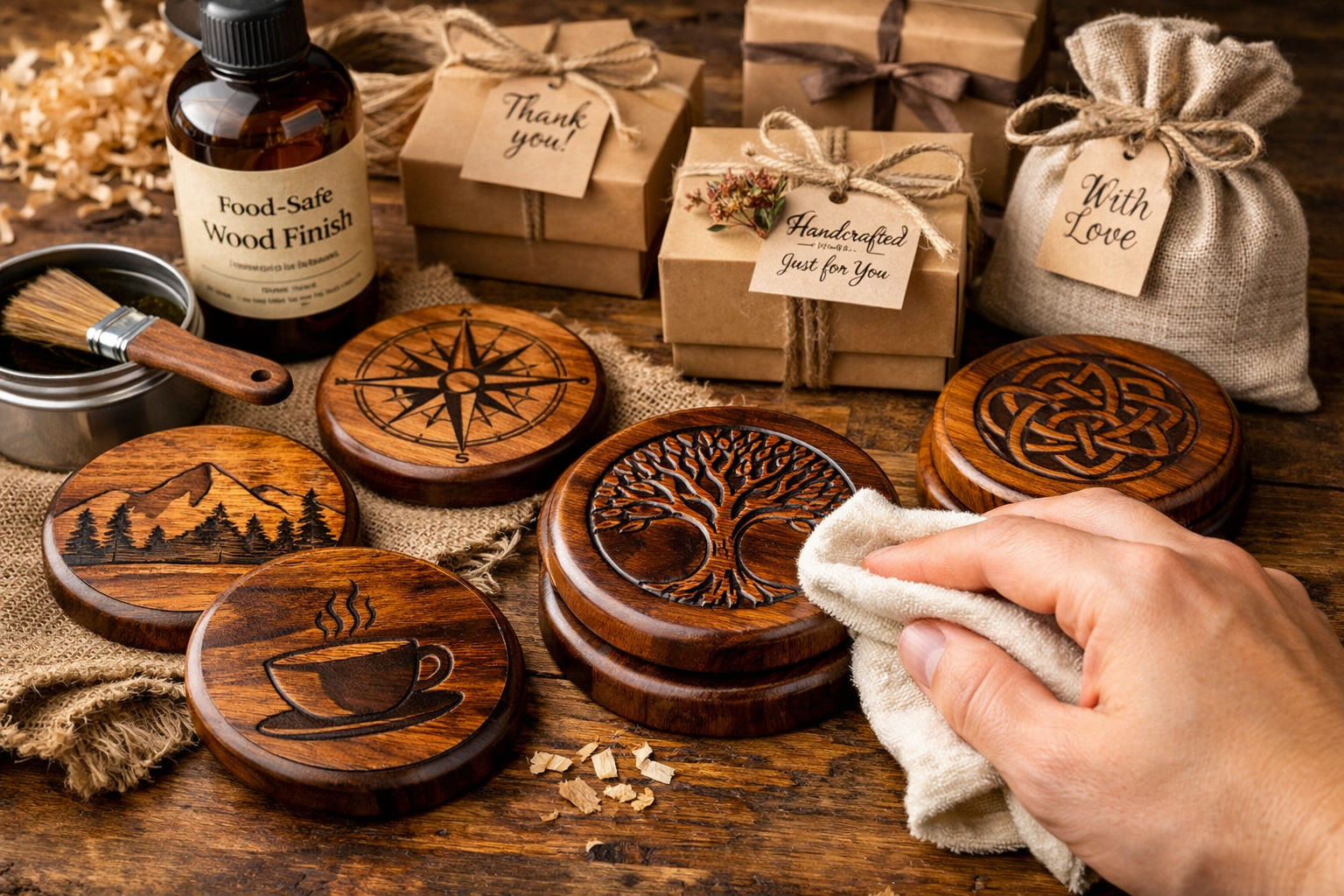 A beautifully composed landscape image (1536x1024) demonstrating the finishing and packaging stages of crafting engraved wooden coasters. Se
