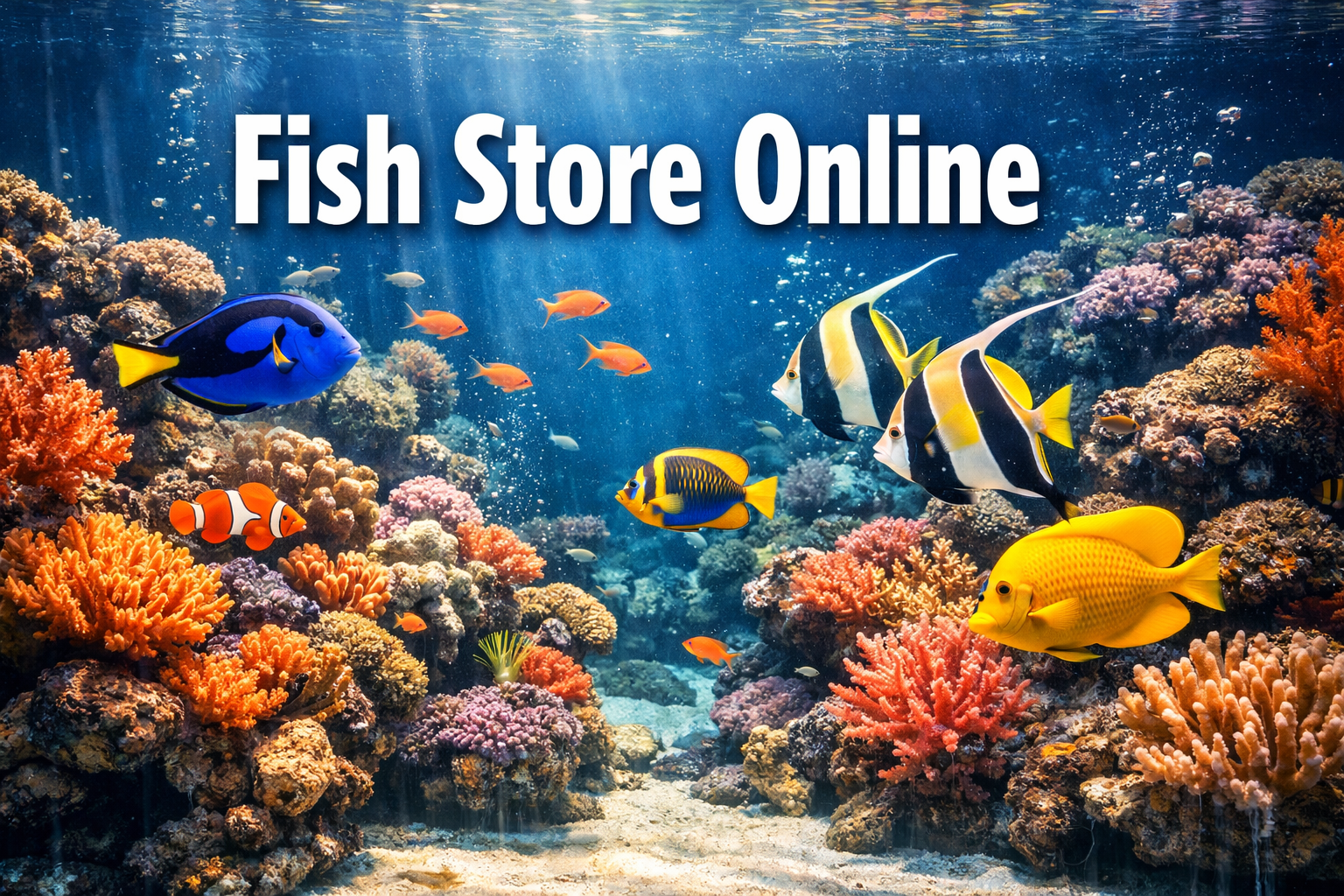 Professional landscape hero image (1536x1024) featuring bold text overlay 'Fish Store Online' in extra large 72pt white sans-serif font with