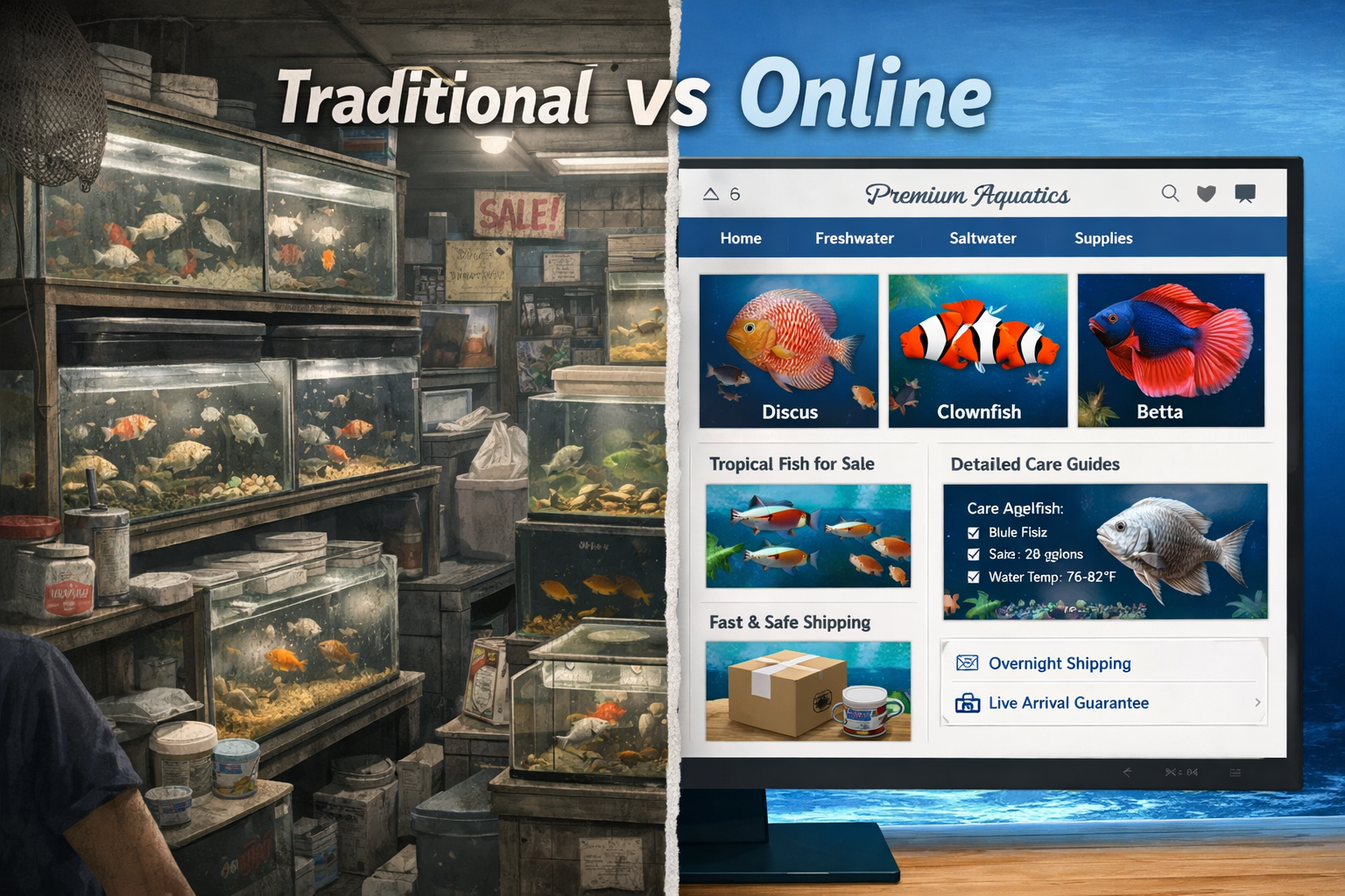 Detailed landscape image (1536x1024) showing split-screen comparison of traditional brick-and-mortar fish store versus modern online fish st