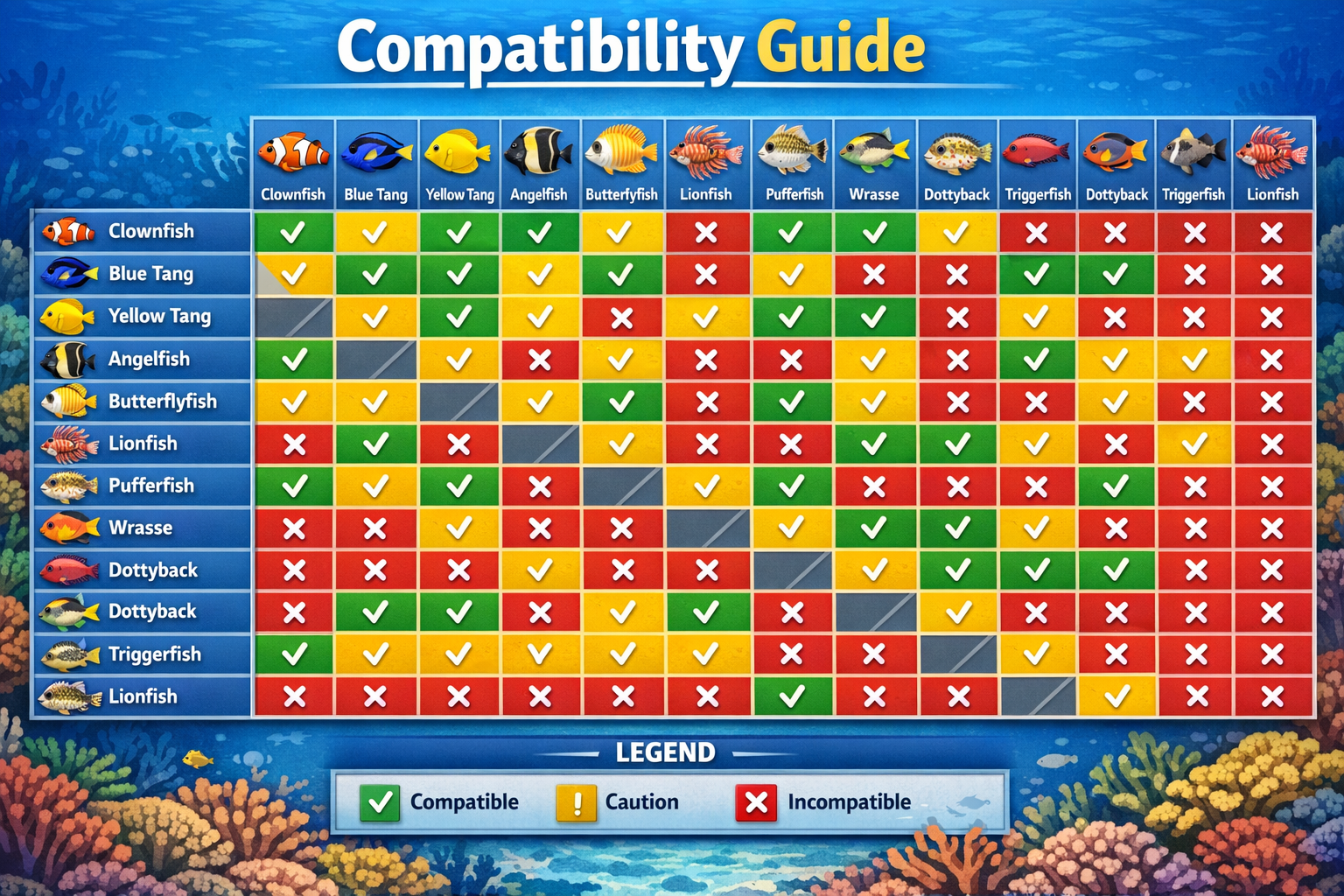 Detailed landscape image (1536x1024) showing marine fish compatibility chart as a colorful matrix grid. Fish species icons arranged in rows 