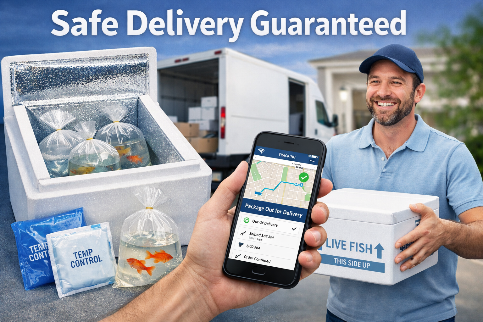 Professional landscape image (1536x1024) depicting secure online fish shipping process. Shows insulated shipping boxes with oxygen bags, tem