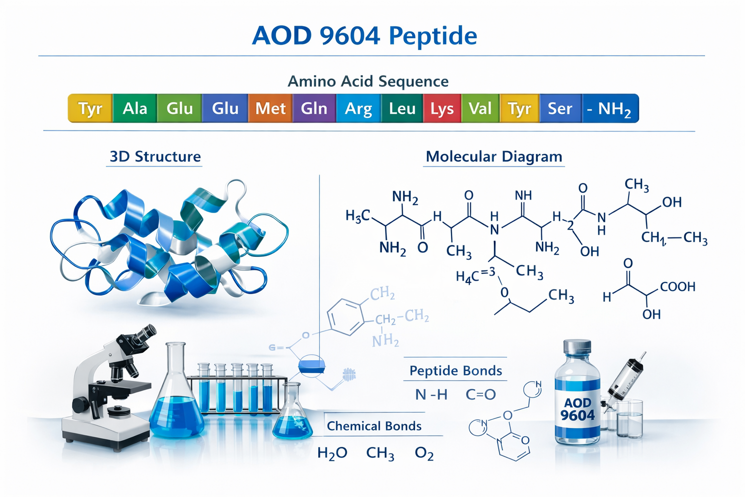 Detailed scientific illustration showing AOD 9604 peptide molecular structure with amino acid sequence highlighted, 3D protein folding visua
