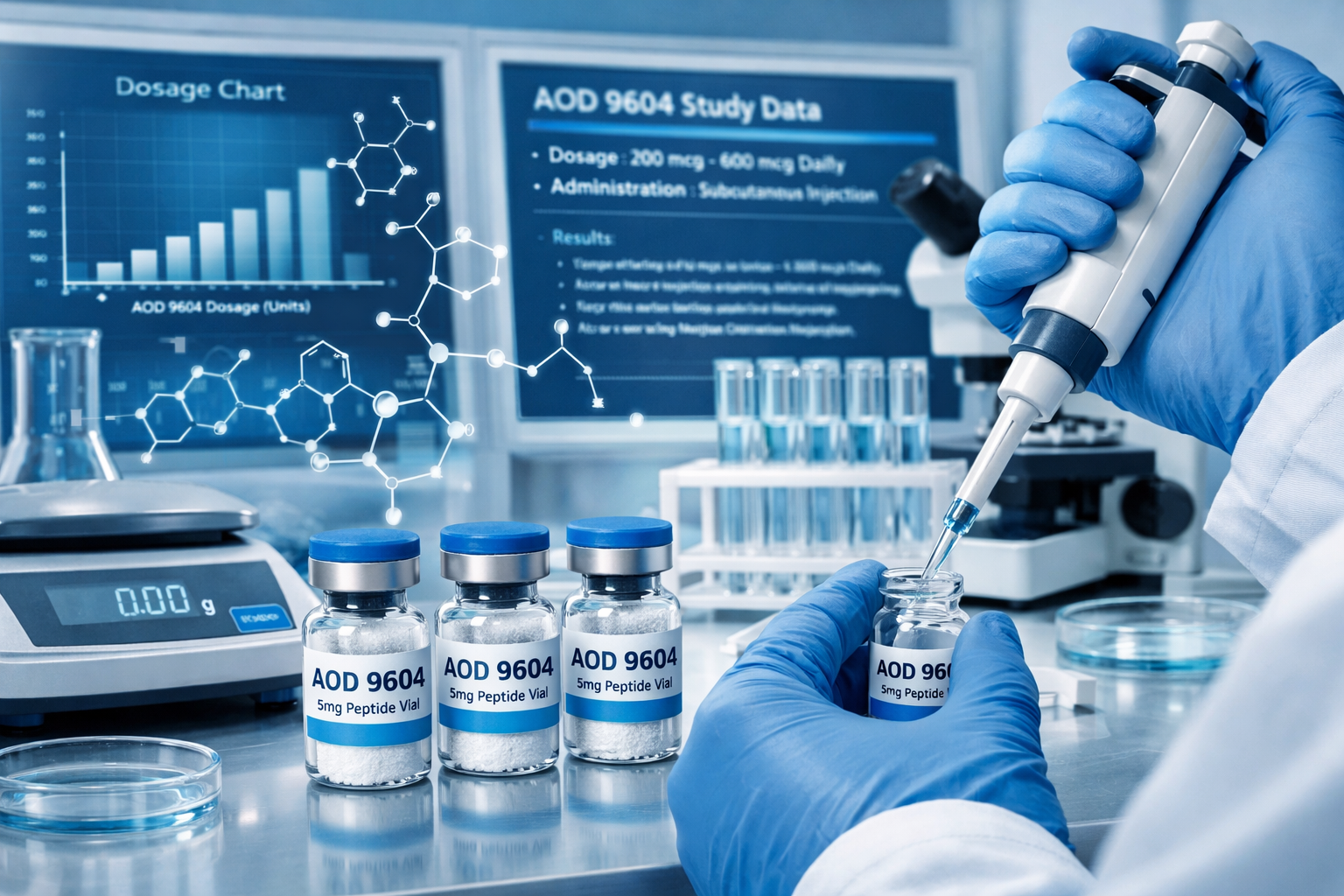 Research laboratory scene featuring peptide vials labeled AOD 9604, scientific measurement tools, dosage charts on digital displays, researc