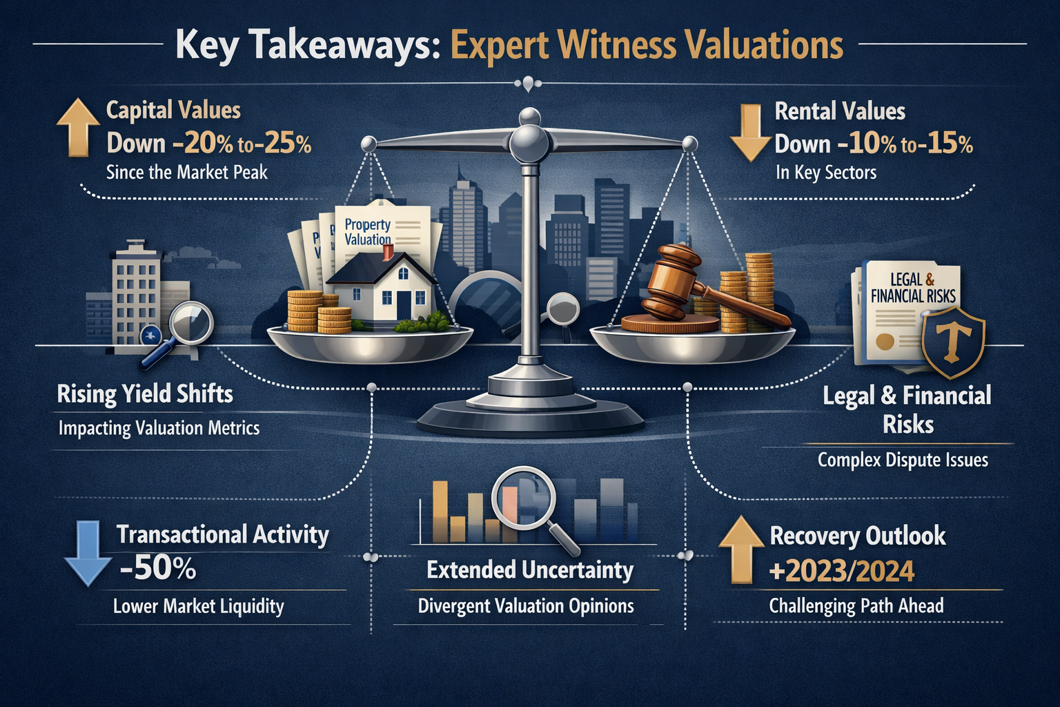 Landscape infographic visualizing 'Key Takeaways' of Expert Witness Valuations, featuring multiple interconnected data