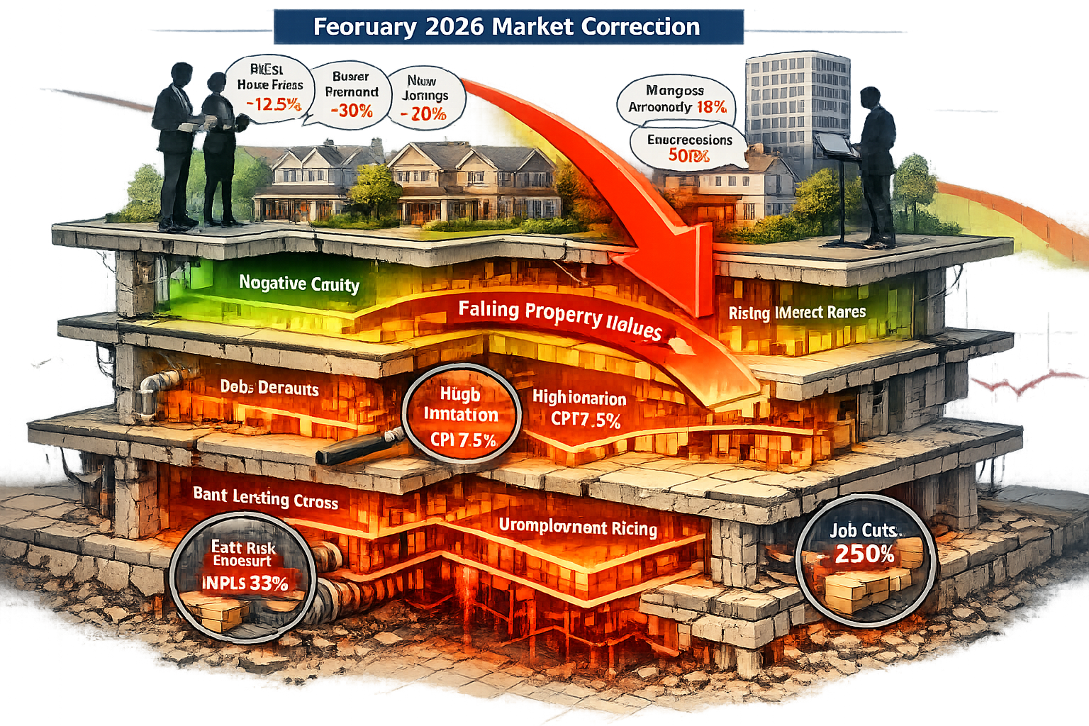 Detailed architectural cross-section illustration depicting February 2026 Market Correction landscape, showing transparent