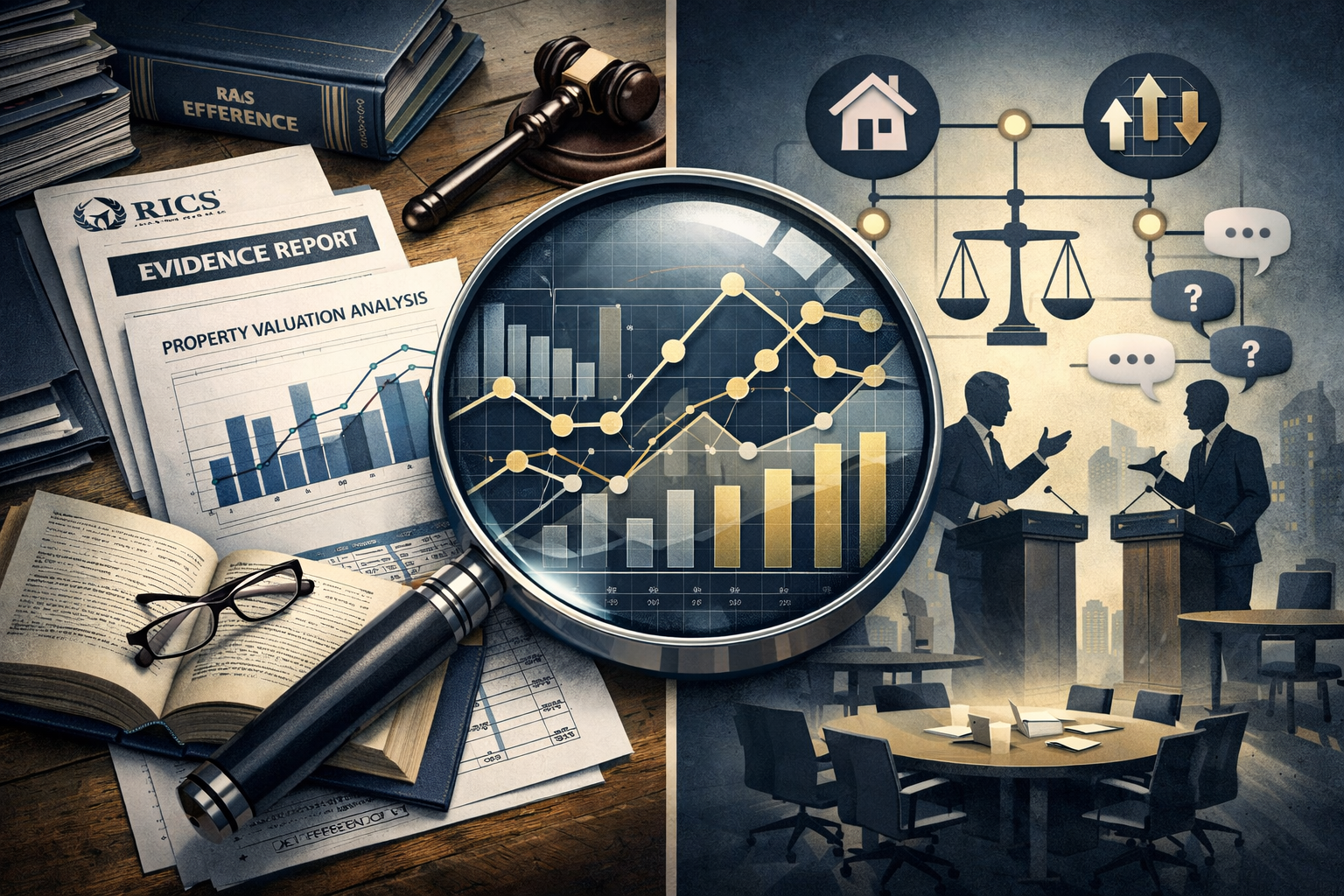 Conceptual expert witness valuation scene featuring split-screen composition: left side showing forensic financial analysis