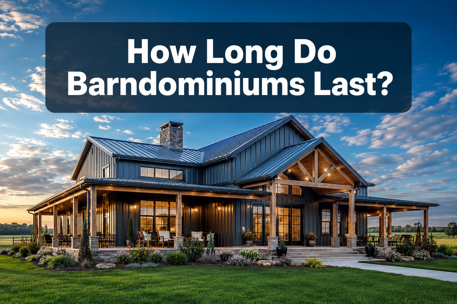 Professional () hero image featuring 'How Long Do Barndominiums Last?' in extra large white with dark semi-transparent