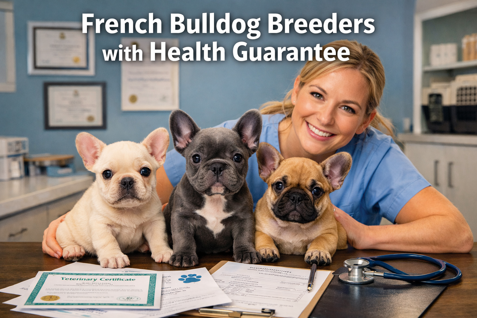 Professional landscape format (1536x1024) hero image with bold text overlay 'French Bulldog Breeders with Health Guarantee' in 72pt white sa
