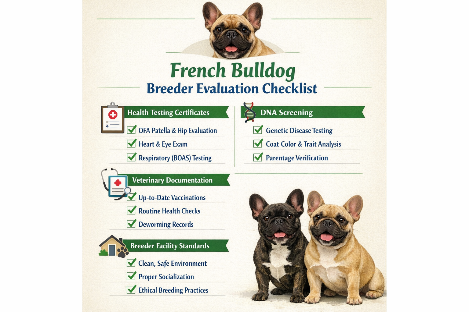 Portrait format (1024x1536) visual checklist featuring French Bulldog breeder evaluation criteria. Shows health testing certificates, DNA sc