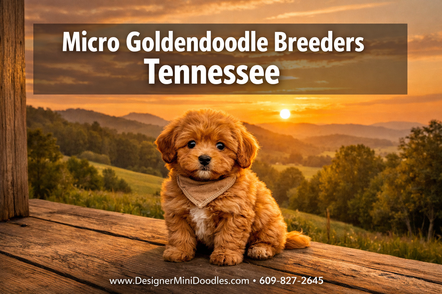 Professional () hero image with : 'Micro Goldendoodle Breeders Tennessee' in extra large white with deep , centered