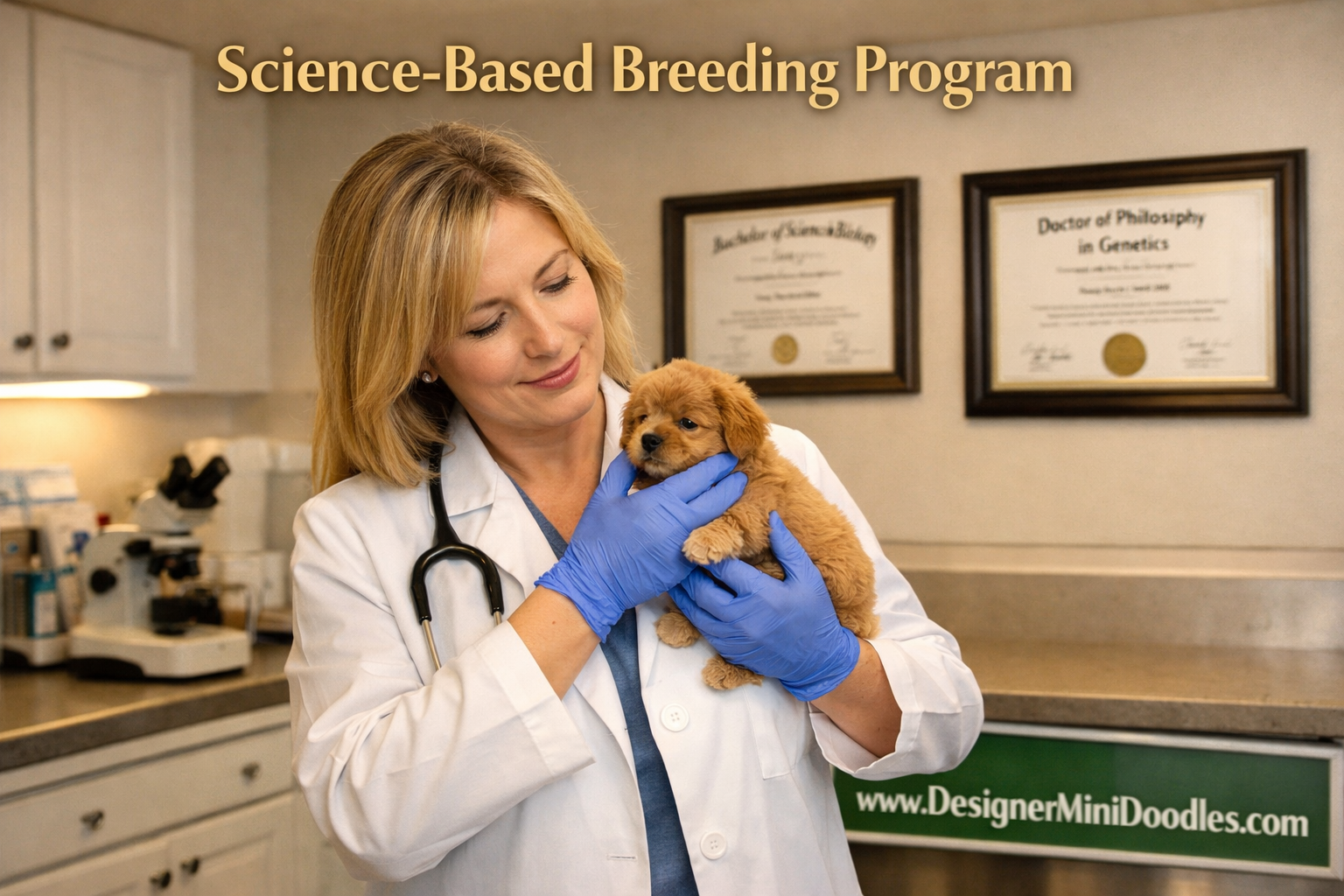 () editorial image showing a professional animal biologist in a clean, bright breeding facility in Tennessee examining a