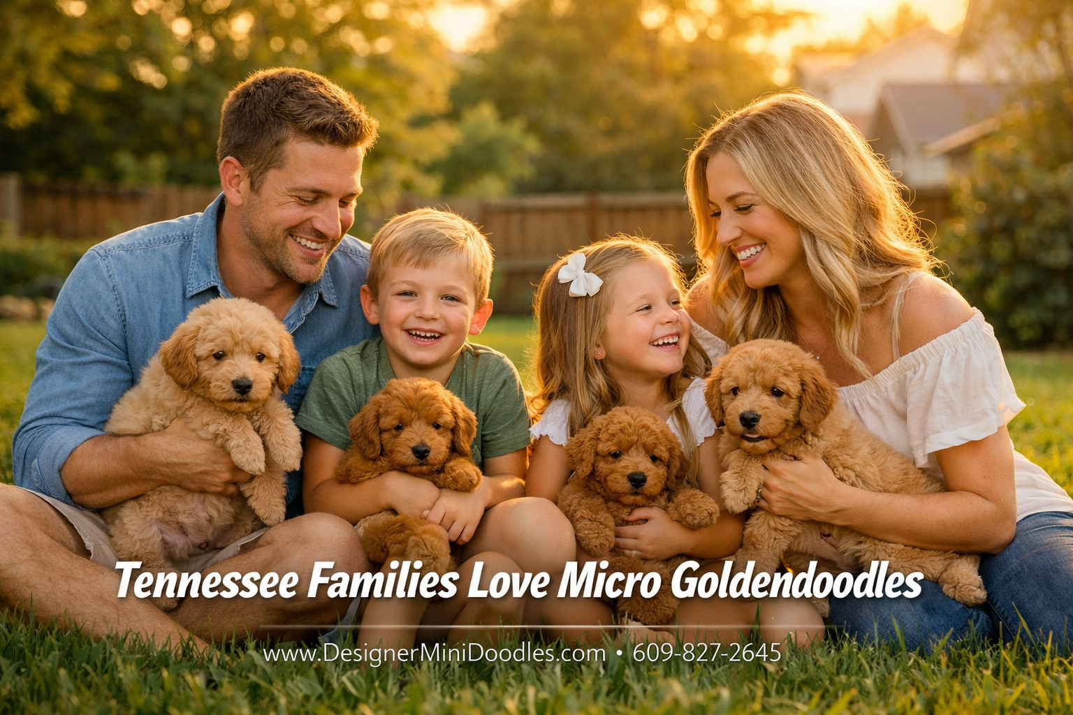 () warm lifestyle image showing a happy Tennessee family — two parents, two young children — sitting on a green lawn in