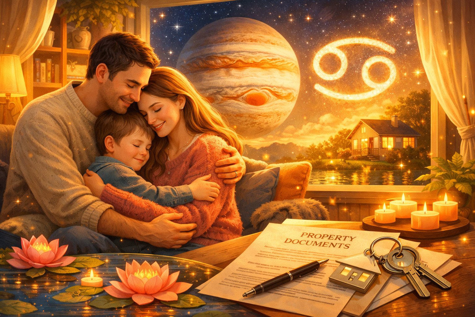 Detailed landscape format (1536x1024) image showing a stylized depiction of Jupiter (Guru) moving into the Cancer (Karka) zodiac sign in Jun