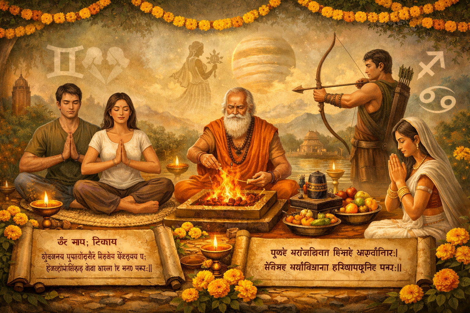 Detailed landscape format (1536x1024) image illustrating Vedic remedies and astrological guidance for specific zodiac signs (Gemini, Virgo, 
